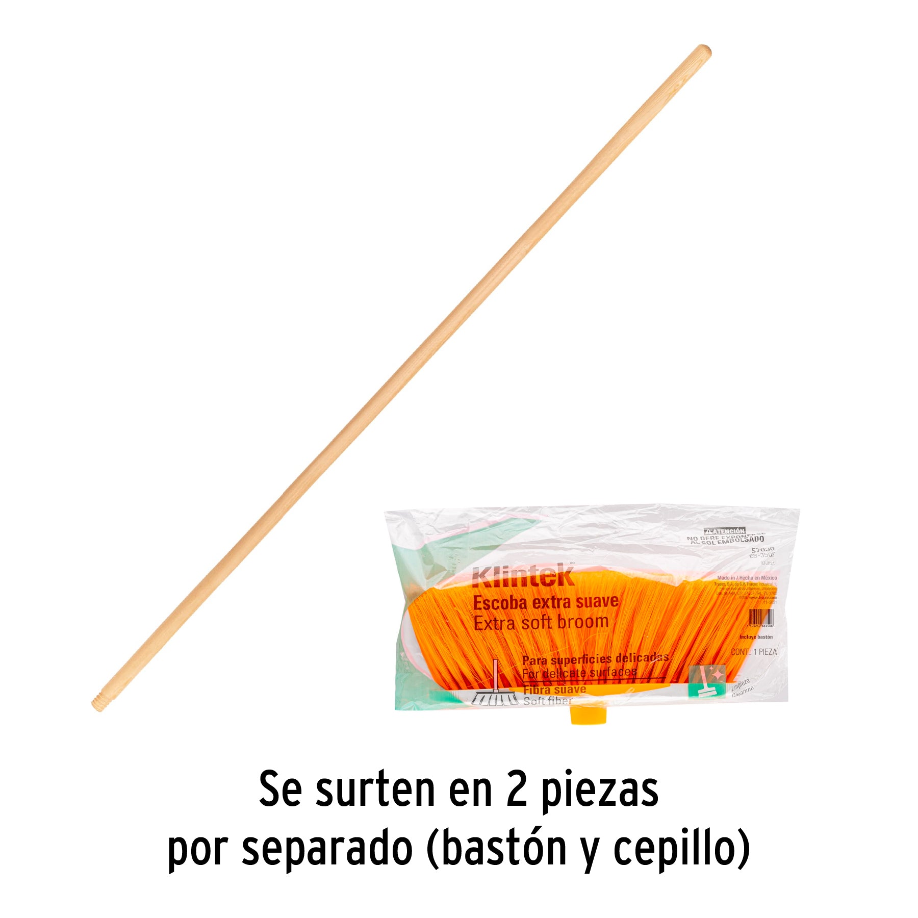 Escoba estándar extrasuave cerdas de PET, bastón de madera