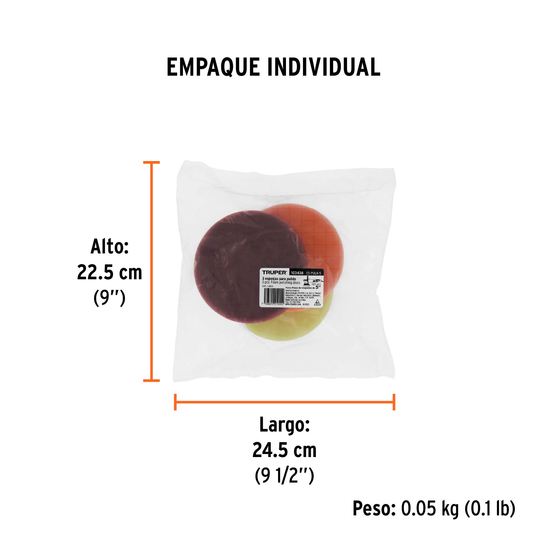 Juego de 3 esponjas para pulir de 5" hook and loop, TRUPER - Empaque