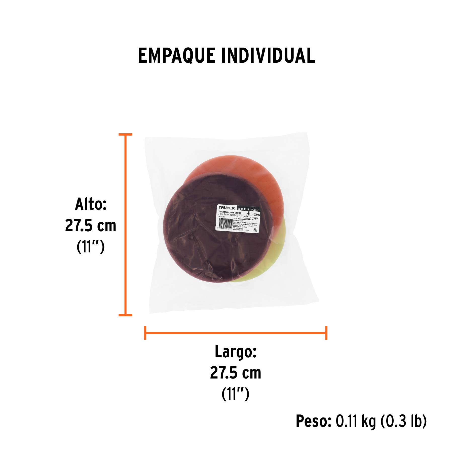 Juego de 3 esponjas para pulir de 7" hook and loop, TRUPER - Empaque