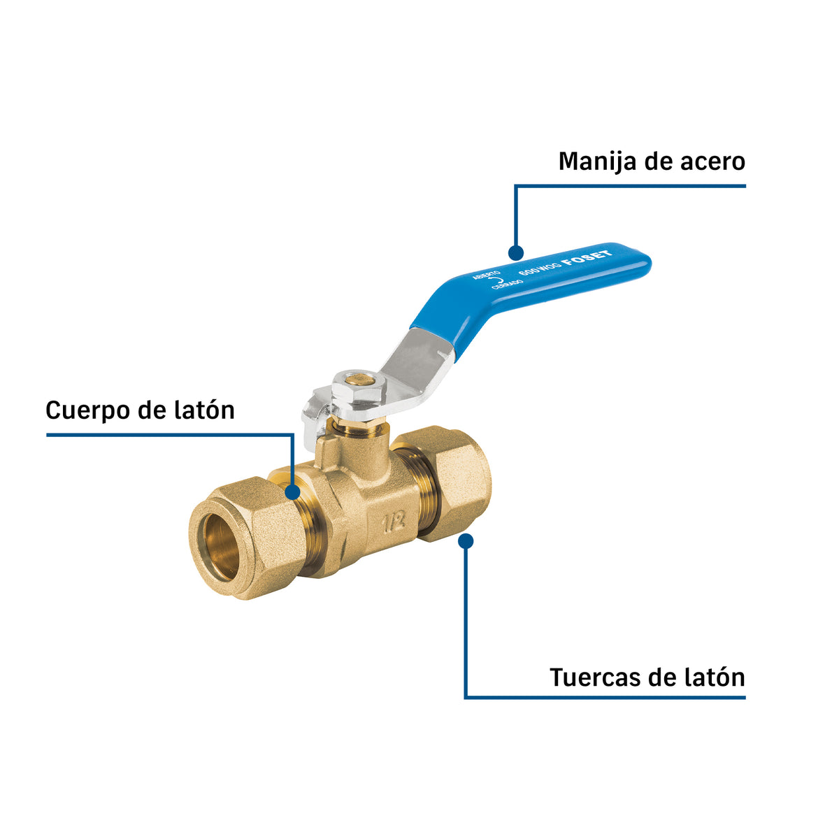 Válvula esfera de latón, de compresión, 1/2" alta presión