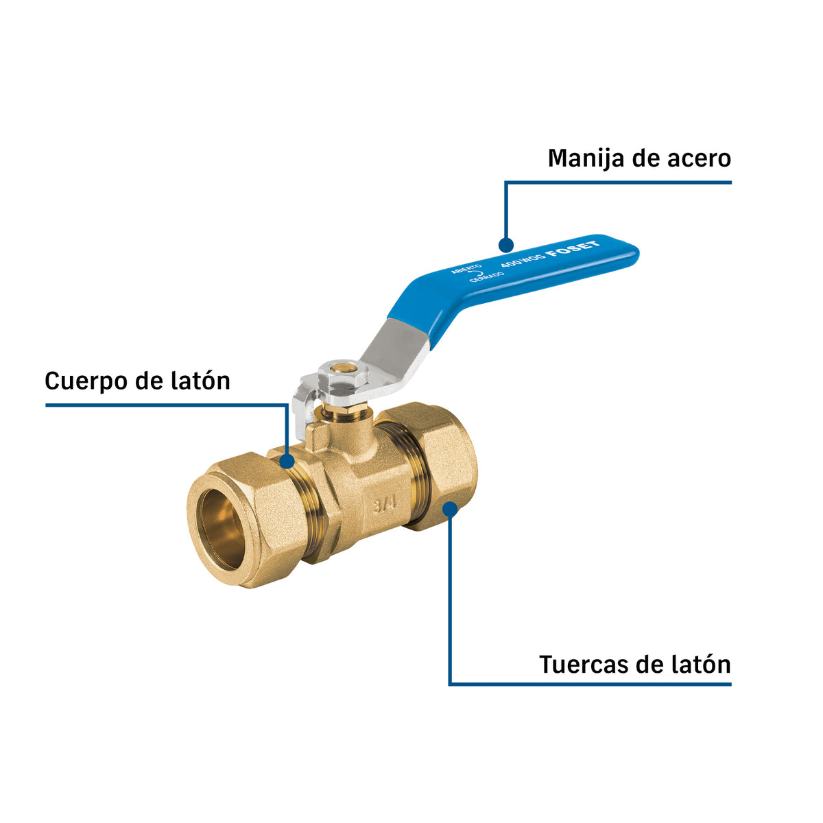 Válvula esfera de latón, de compresión, 3/4" alta presión