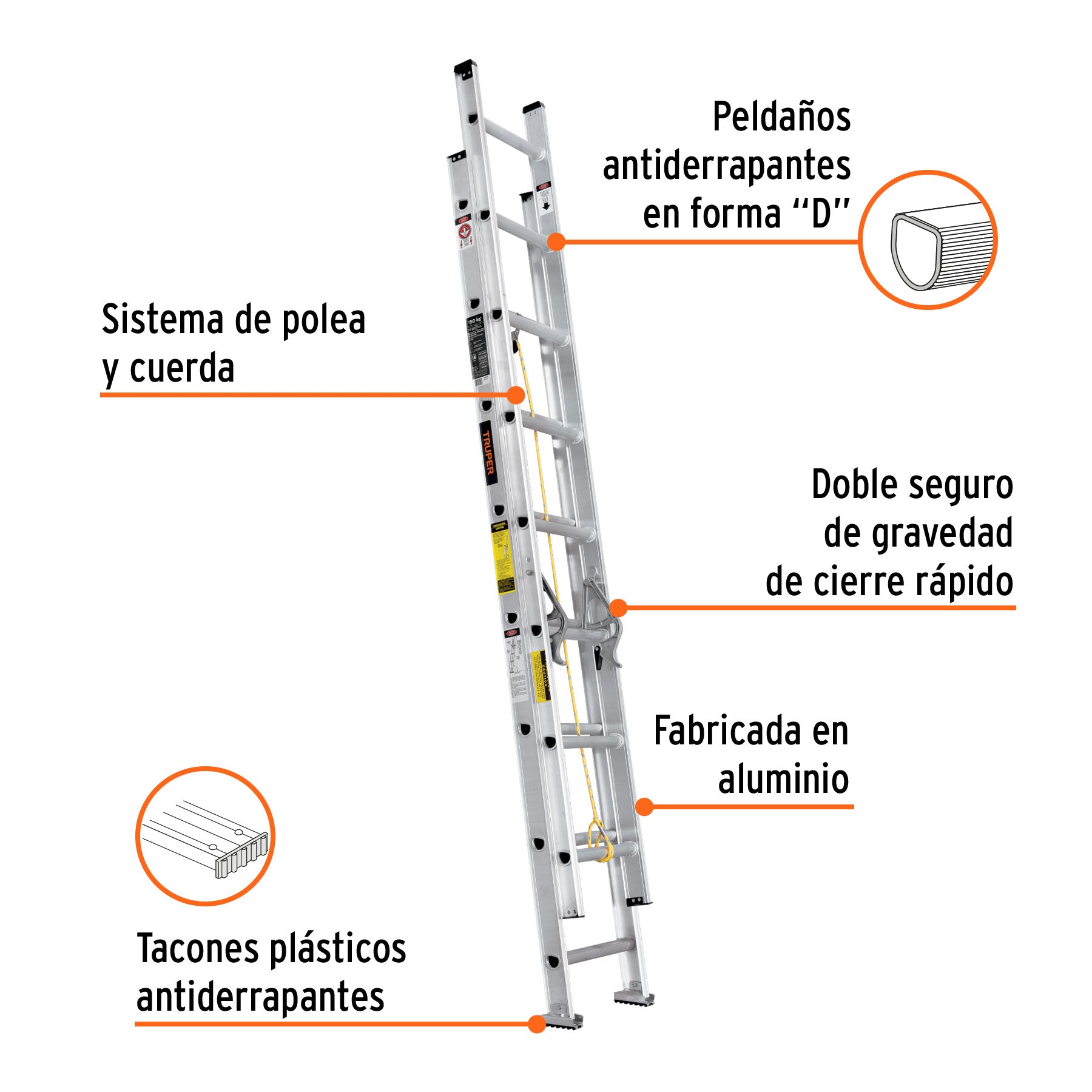 Escalera de extensión, tipo III, 16 peldaños, TRUPER