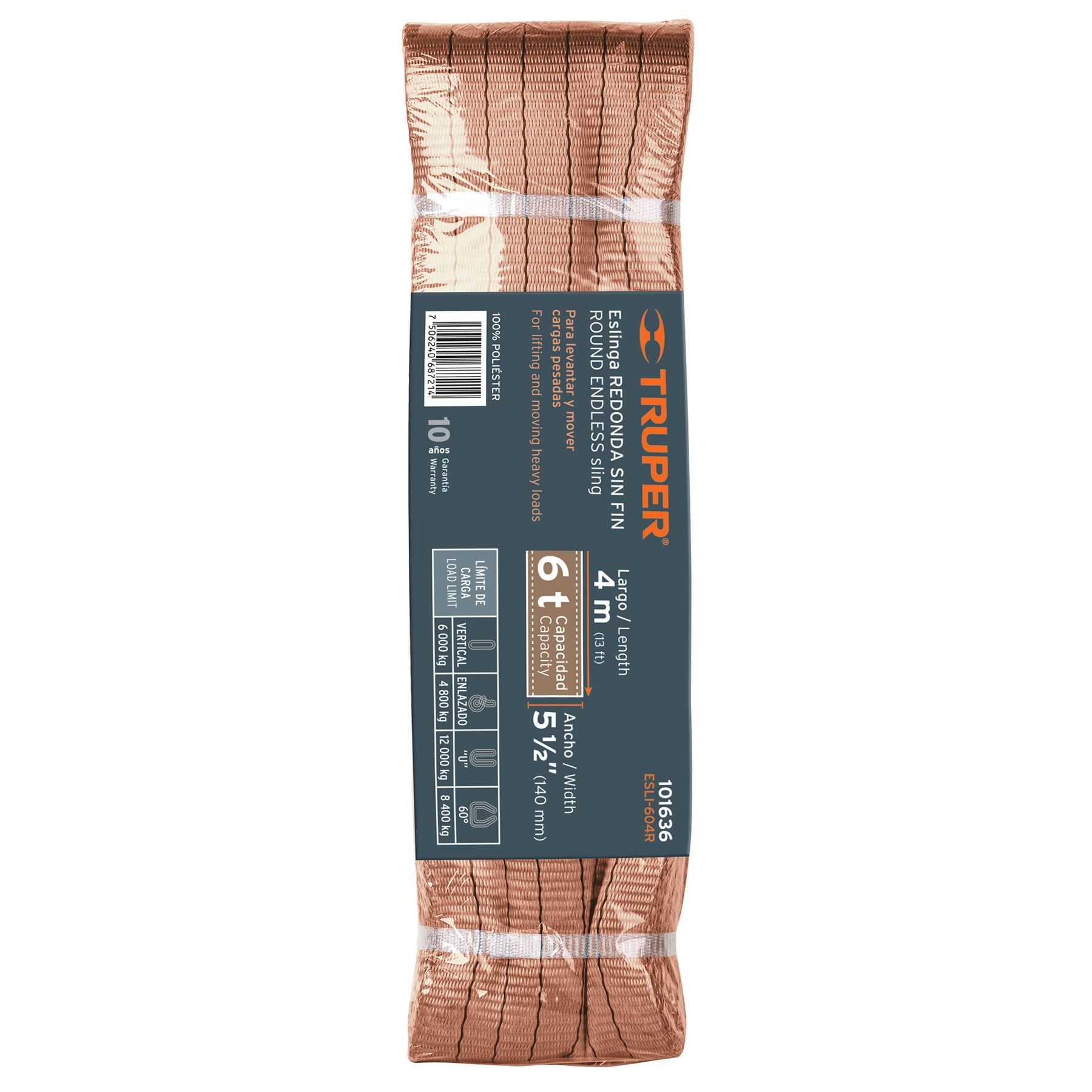 Eslinga de poliéster redonda sin fin, 6 T x 4 m, TRUPER