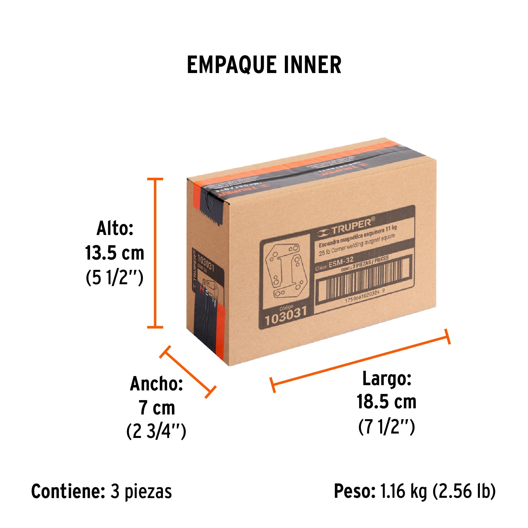 2 Escuadras magnéticas esquineras 2-3/4" carga 11 kg, TRUPER - Empaque