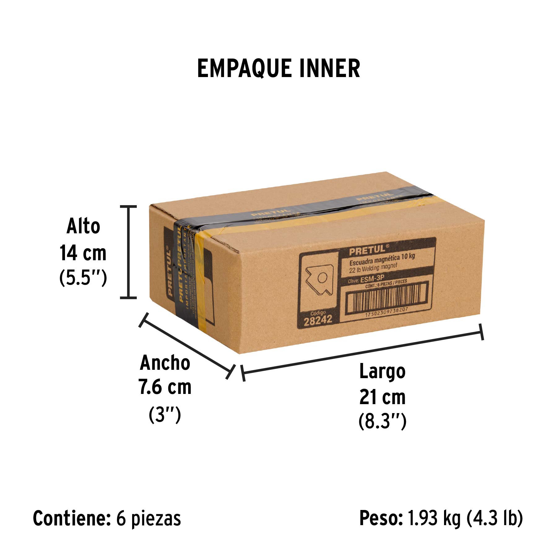 Escuadra magnética para soldar de 3", carga 10 kg, PRETUL - Empaque