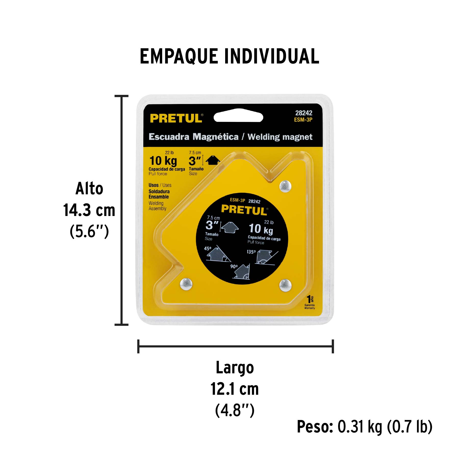 Escuadra magnética para soldar de 3", carga 10 kg, PRETUL - Empaque