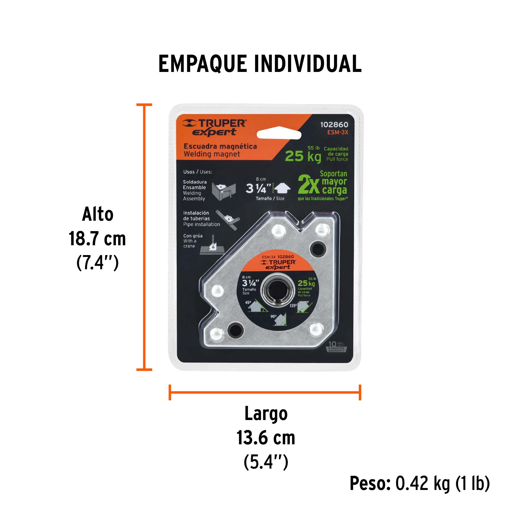 Escuadra magnética para soldar de 3-1/4" carga 25 kg, EXPERT - Empaque