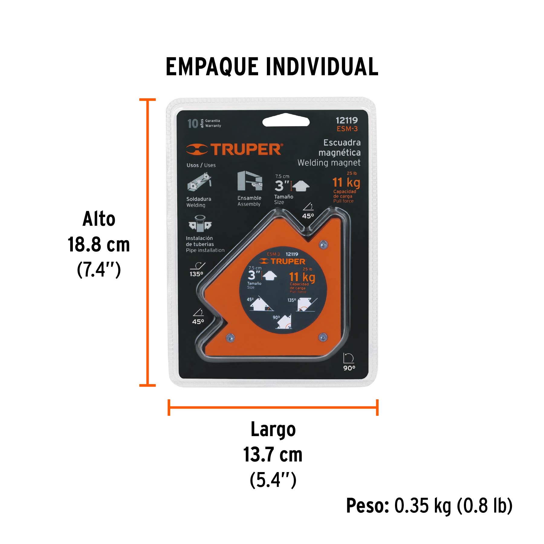 Escuadra magnética para soldar de 3", carga 11 kg, TRUPER - Empaque