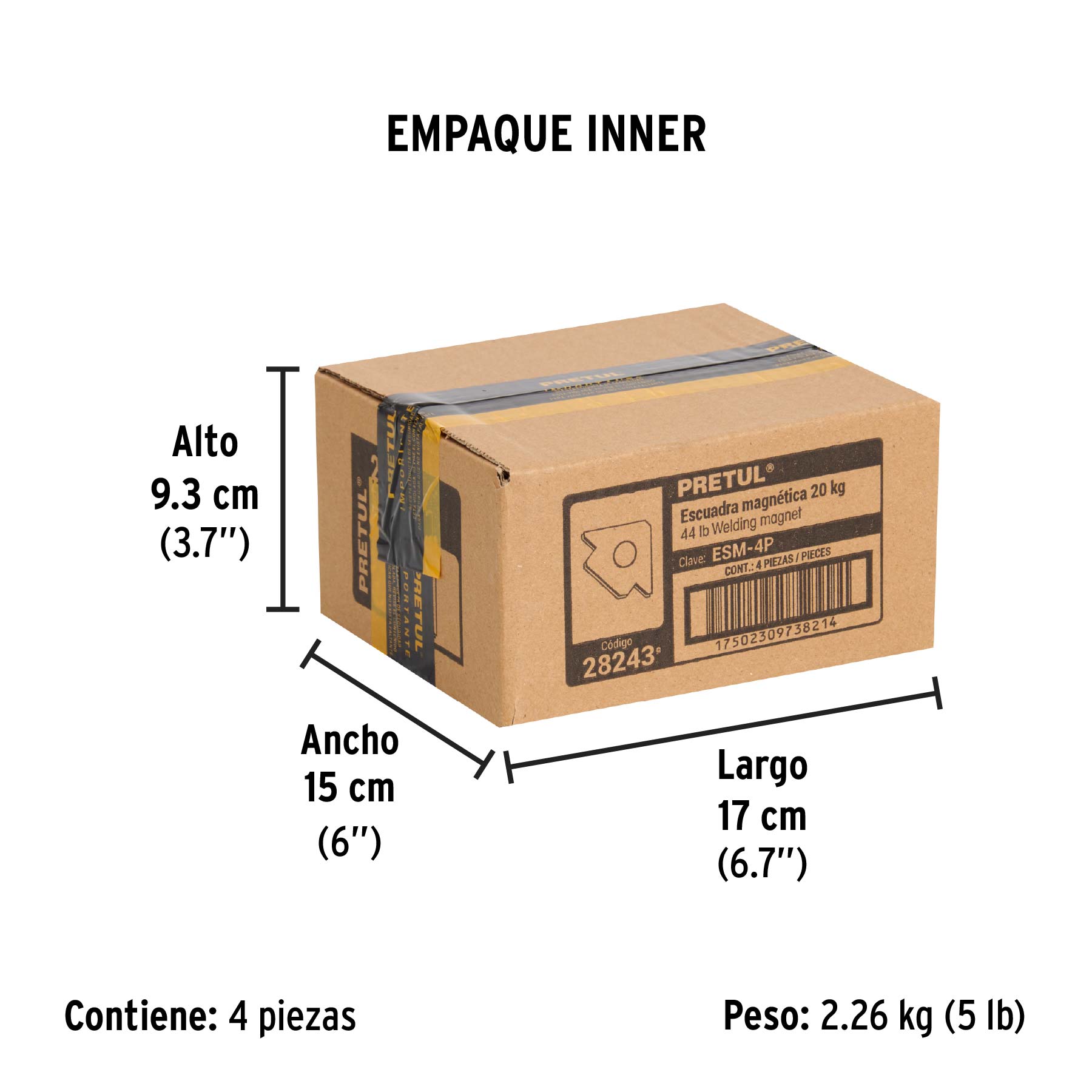 Escuadra magnética para soldar de 4", carga 20 kg, PRETUL - Empaque