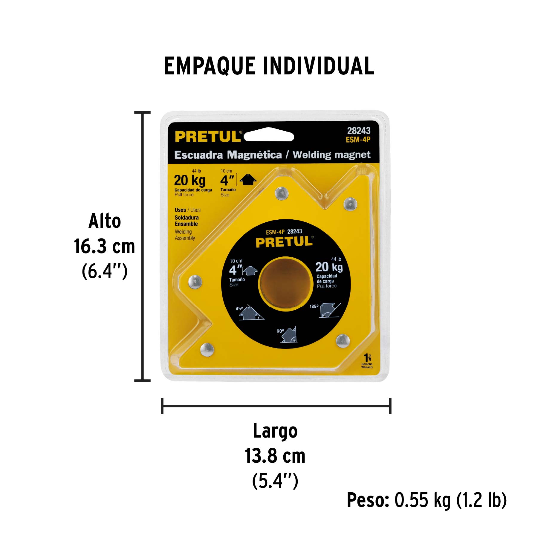 Escuadra magnética para soldar de 4", carga 20 kg, PRETUL - Empaque