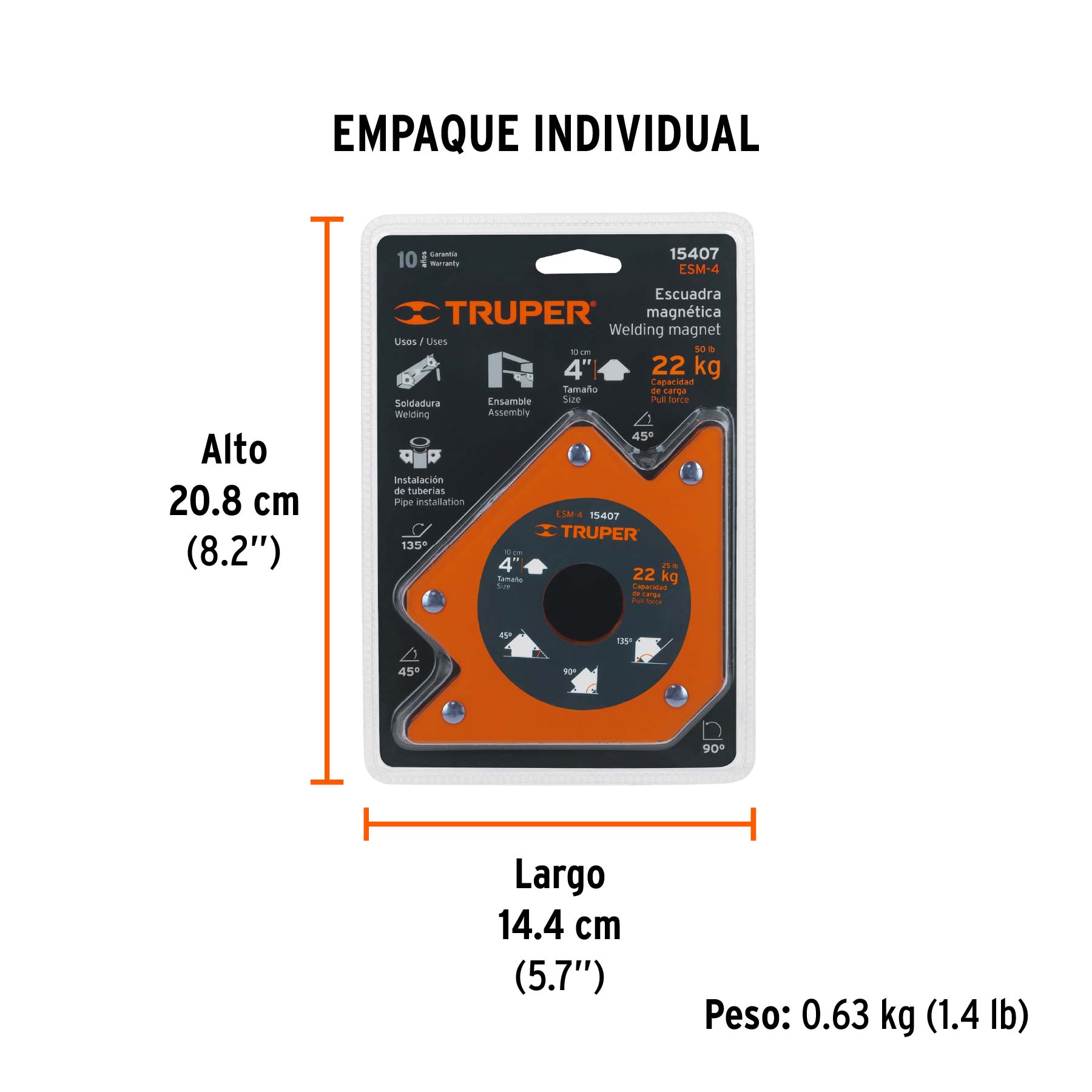Escuadra magnética para soldar de 4", carga 22 kg, TRUPER - Empaque
