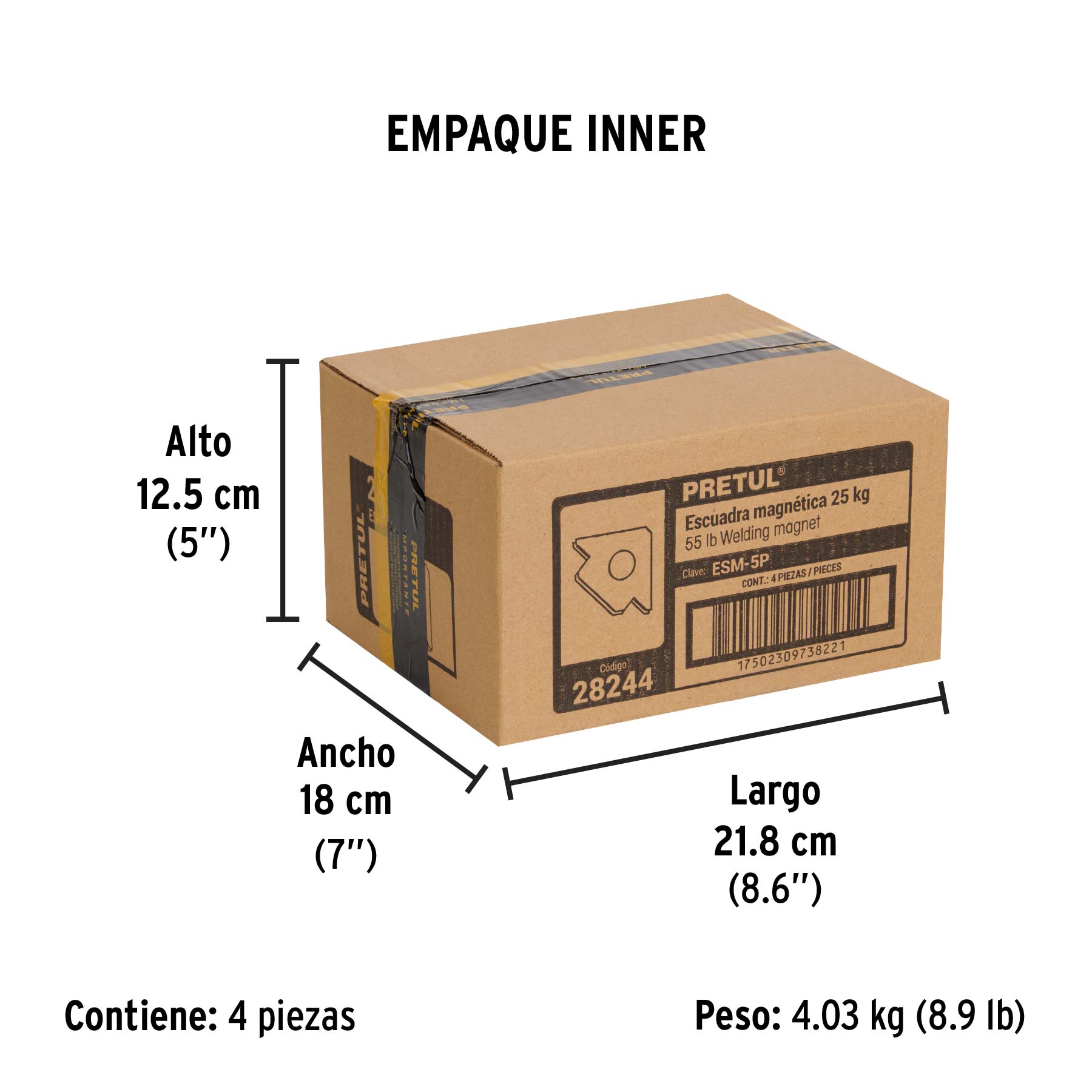 Escuadra magnética para soldar de 5", carga 25 kg, PRETUL - Empaque