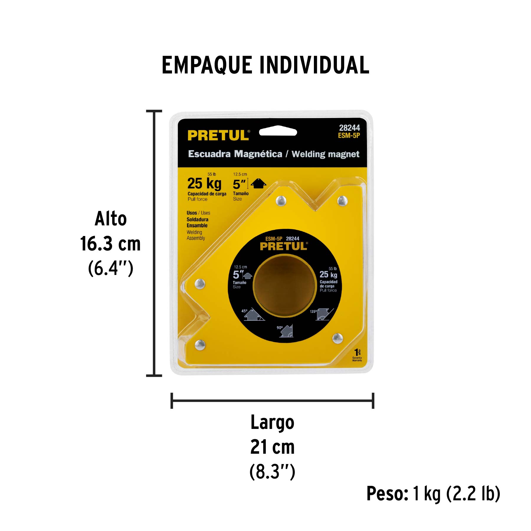 Escuadra magnética para soldar de 5", carga 25 kg, PRETUL - Empaque