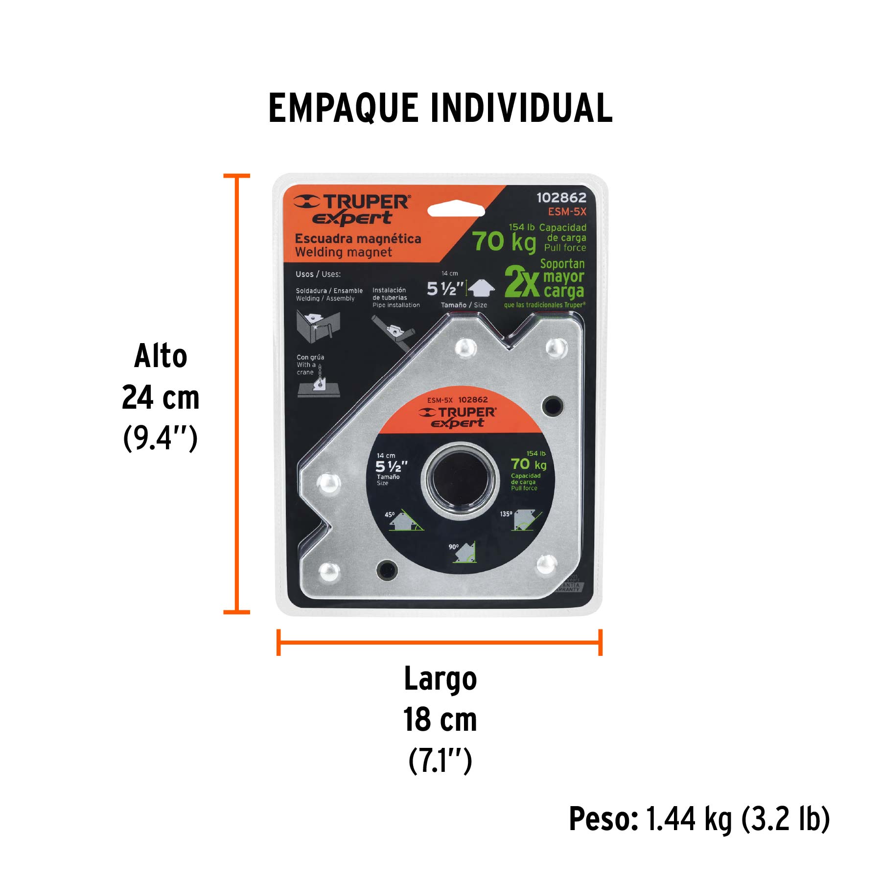 Escuadra magnética para soldar de 5-1/2" carga 70 kg, EXPERT - Empaque