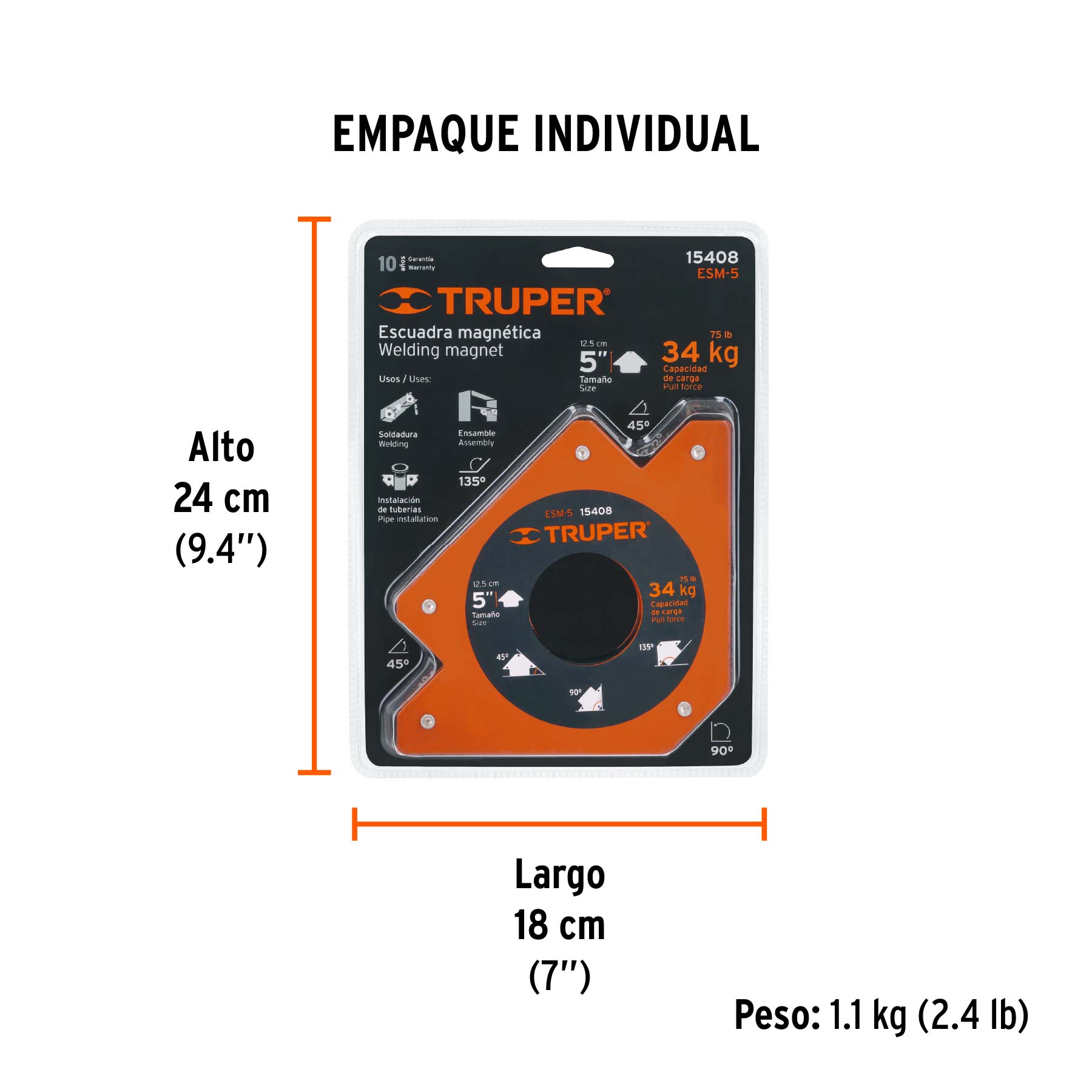 Escuadra magnética para soldar de 5", carga 34 kg, TRUPER - Empaque