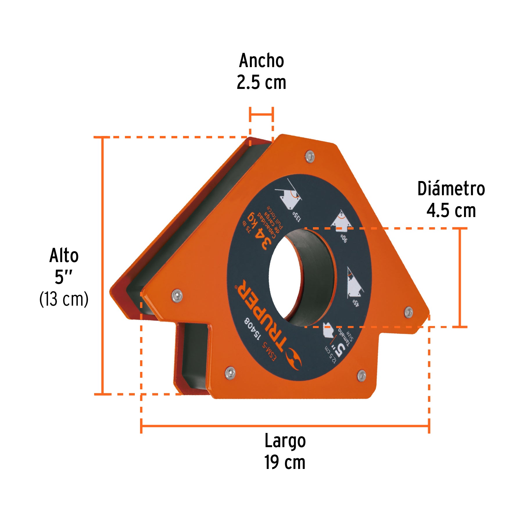 Escuadra magnética para soldar de 5", carga 34 kg, TRUPER