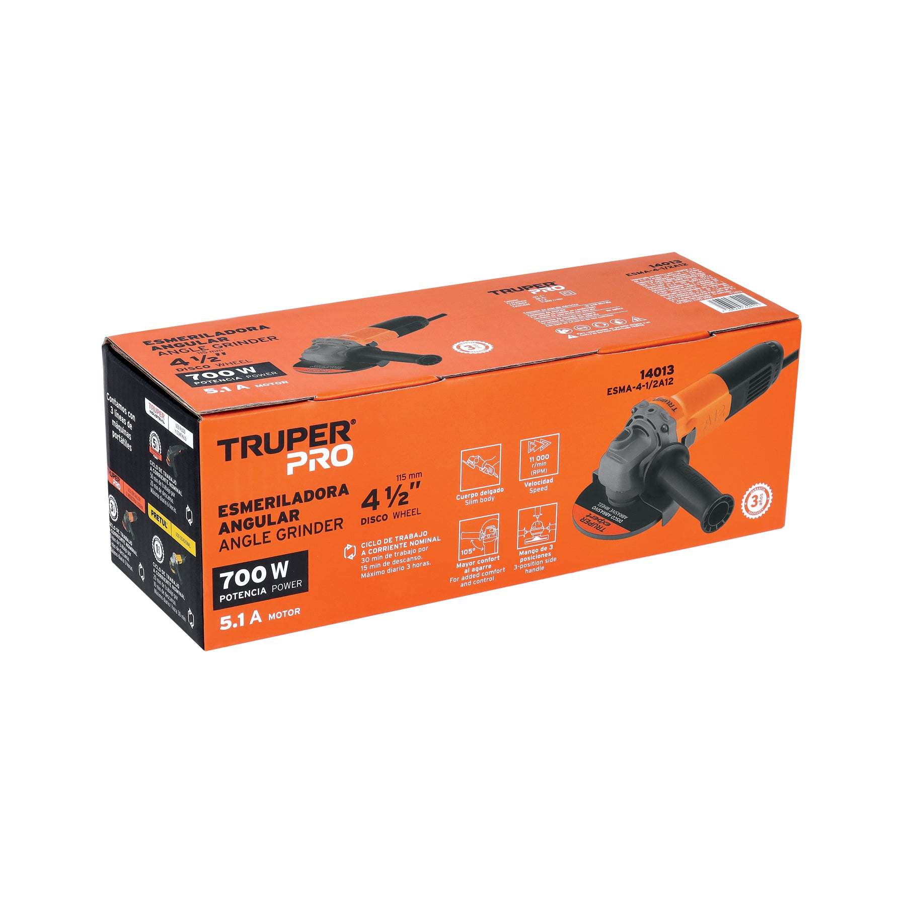 Esmeriladora angular 4-1/2", 700W, TRUPER PRO