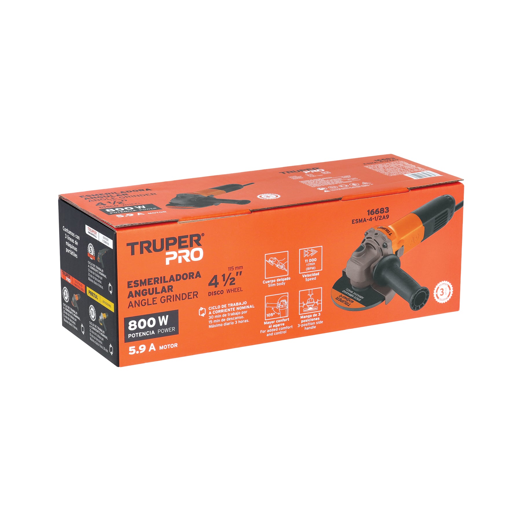 Esmeriladora angular 4-1/2", 800W, TRUPER PRO