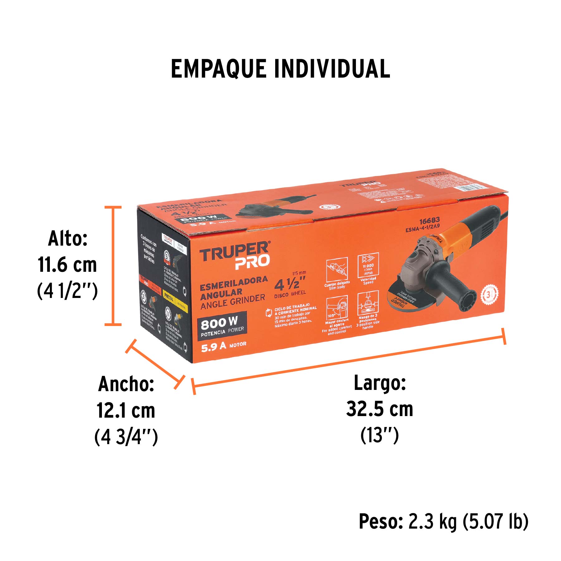 Esmeriladora angular 4-1/2", 800W, TRUPER PRO - Empaque