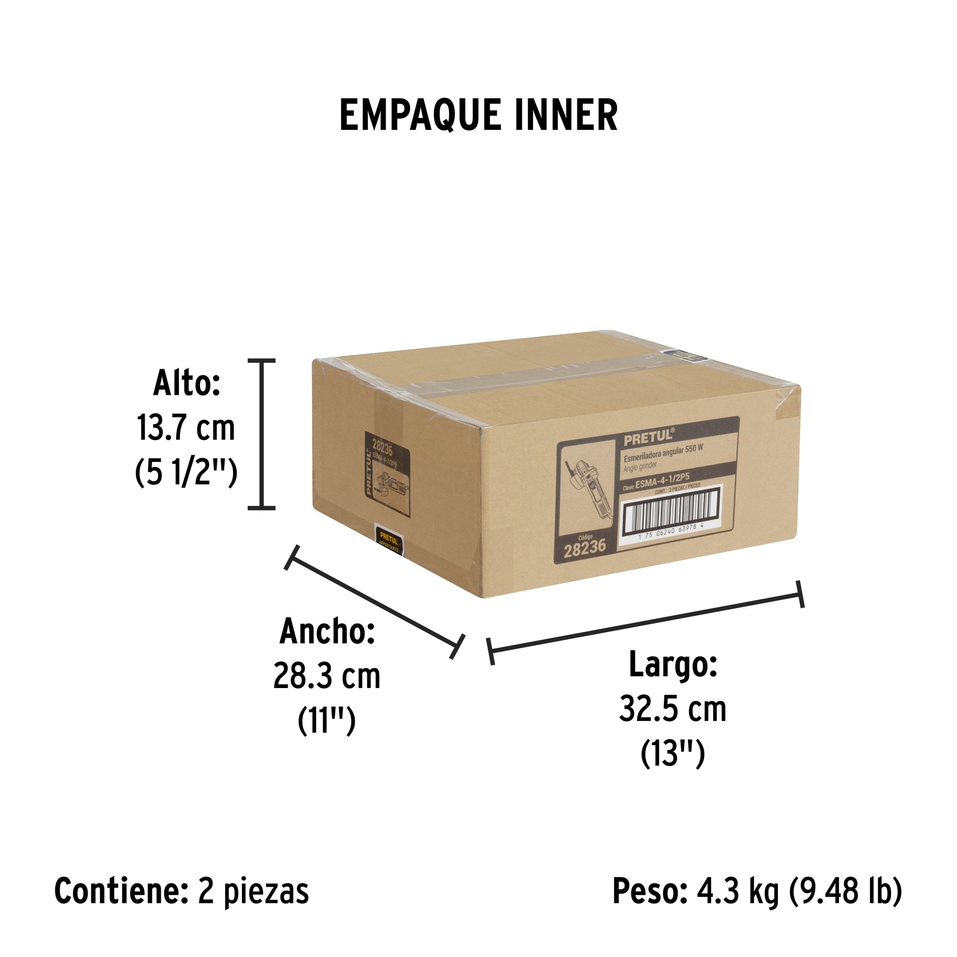 Esmeriladora angular 4-1/2", 550W, PRETUL - Empaque