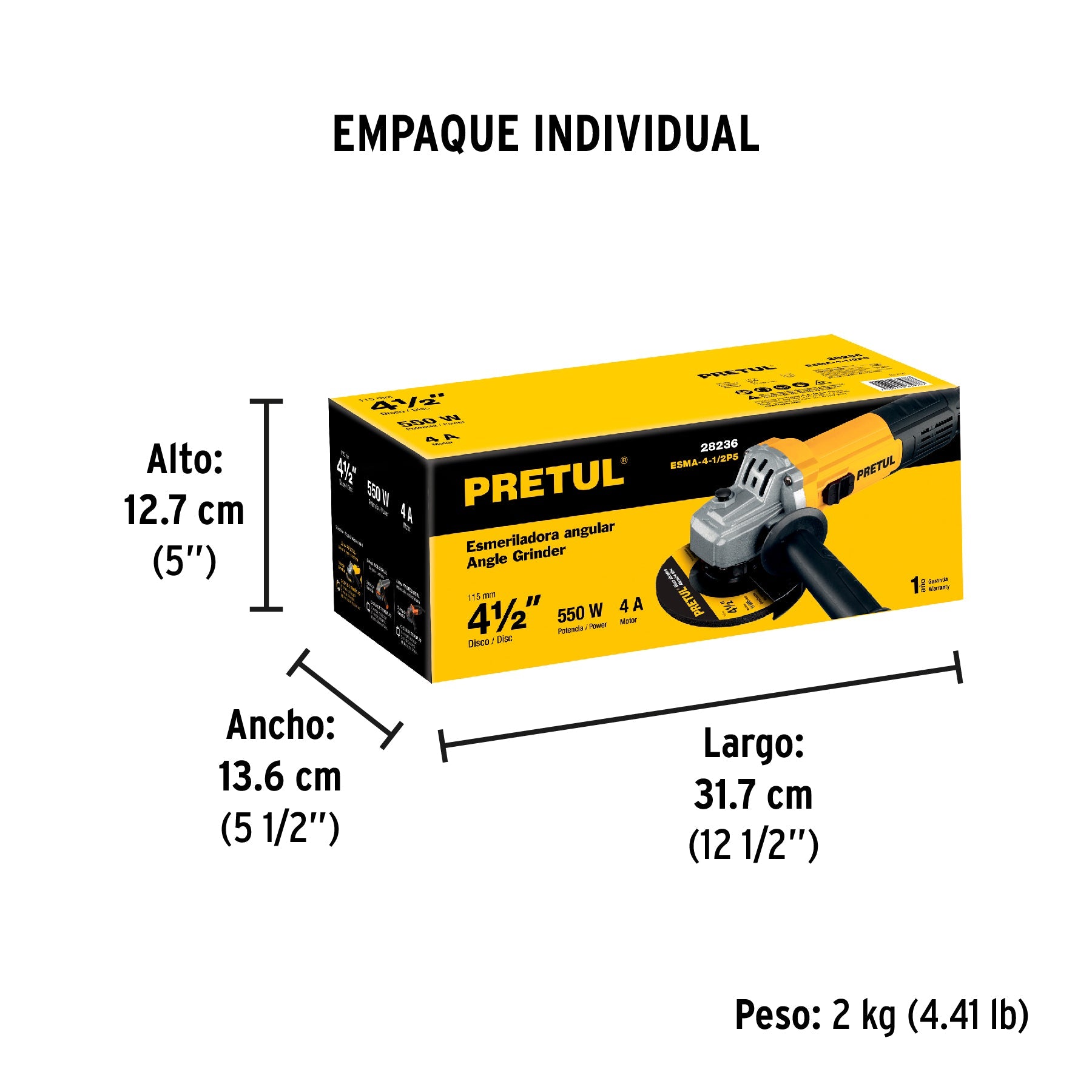 Esmeriladora angular 4-1/2", 550W, PRETUL - Empaque