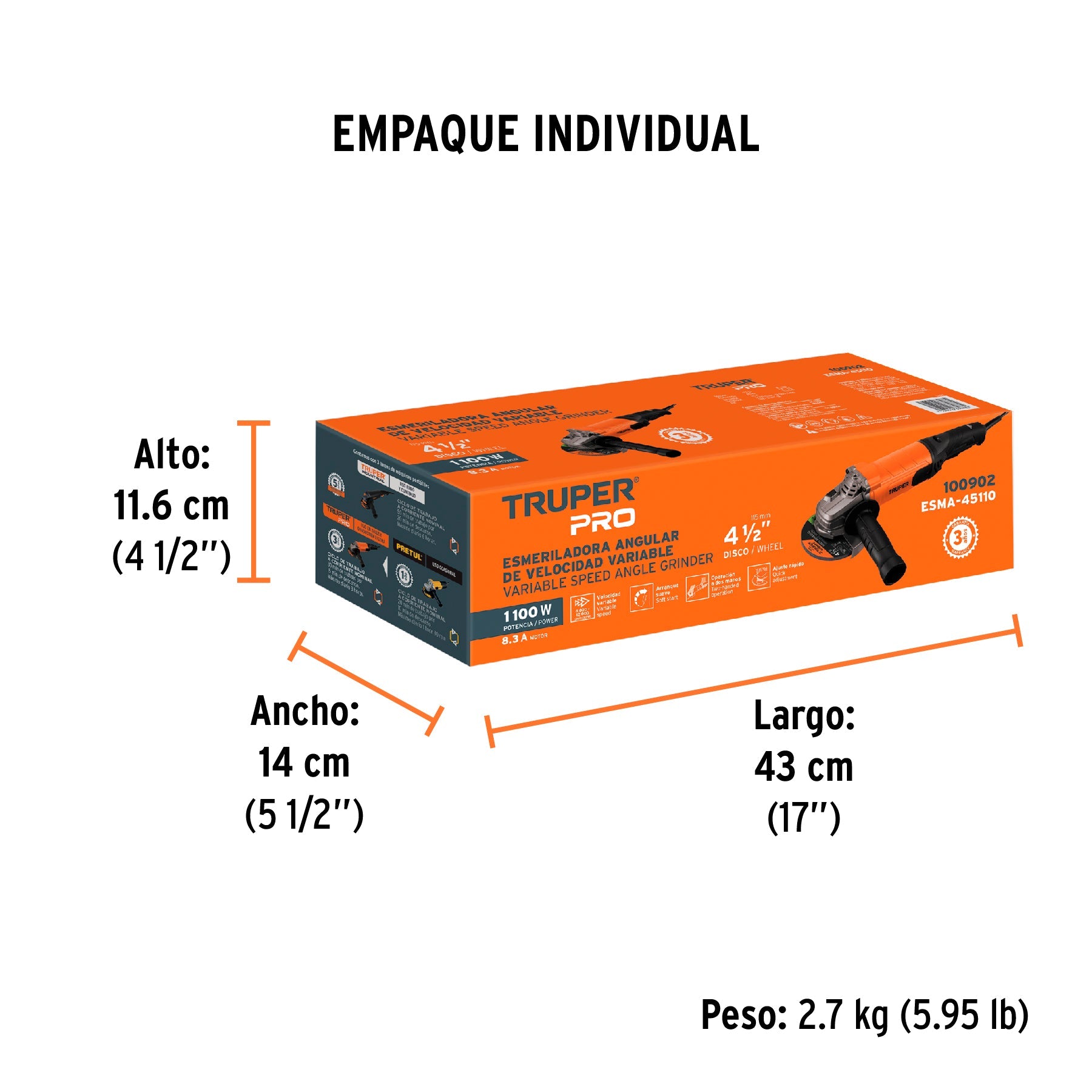Esmeriladora angular 4-1/2", 1100W, TRUPER PRO - Empaque