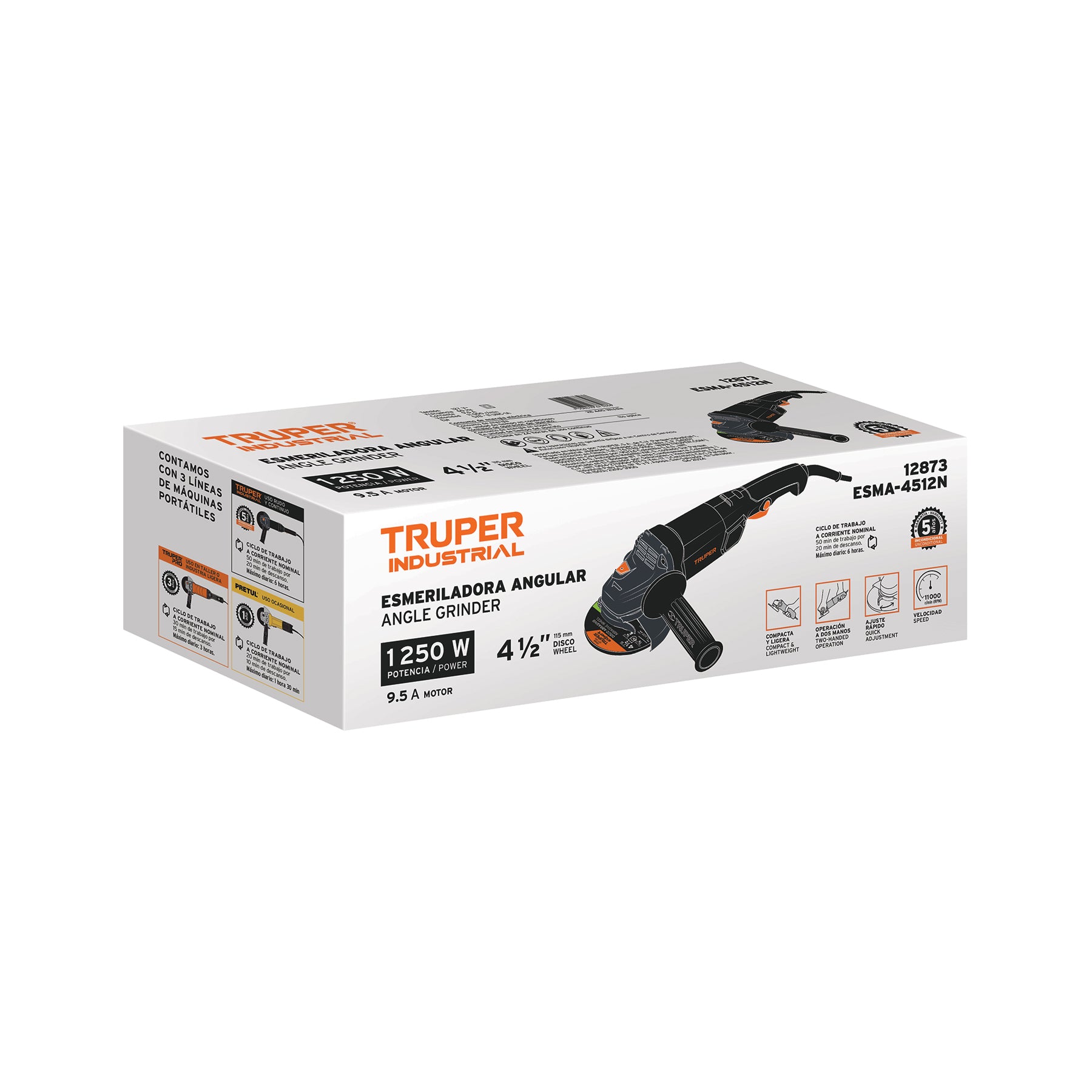 Esmeriladora angular 4-1/2", 1250W, TRUPER INDUSTRIAL