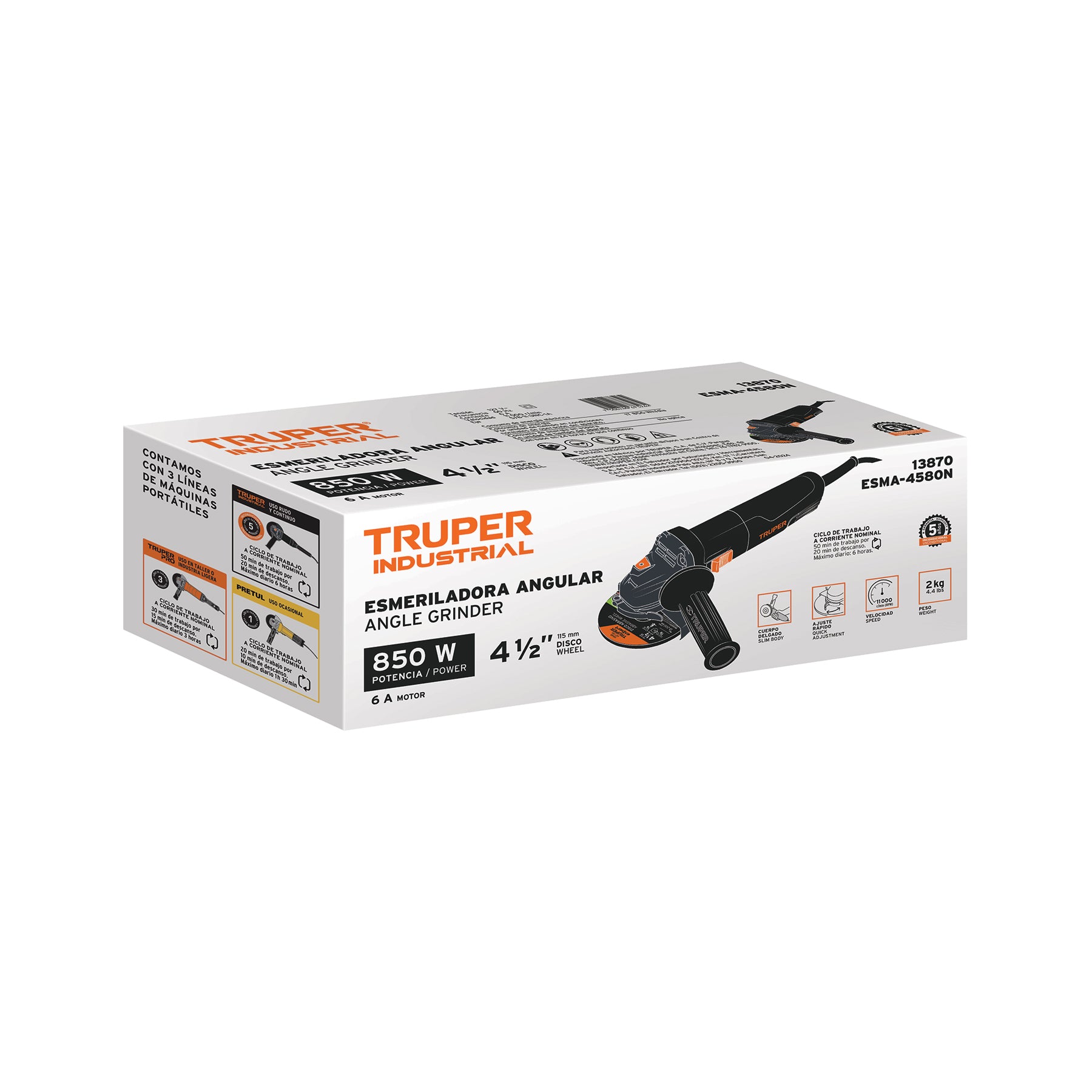 Esmeriladora angular 4-1/2", 850W, TRUPER INDUSTRIAL