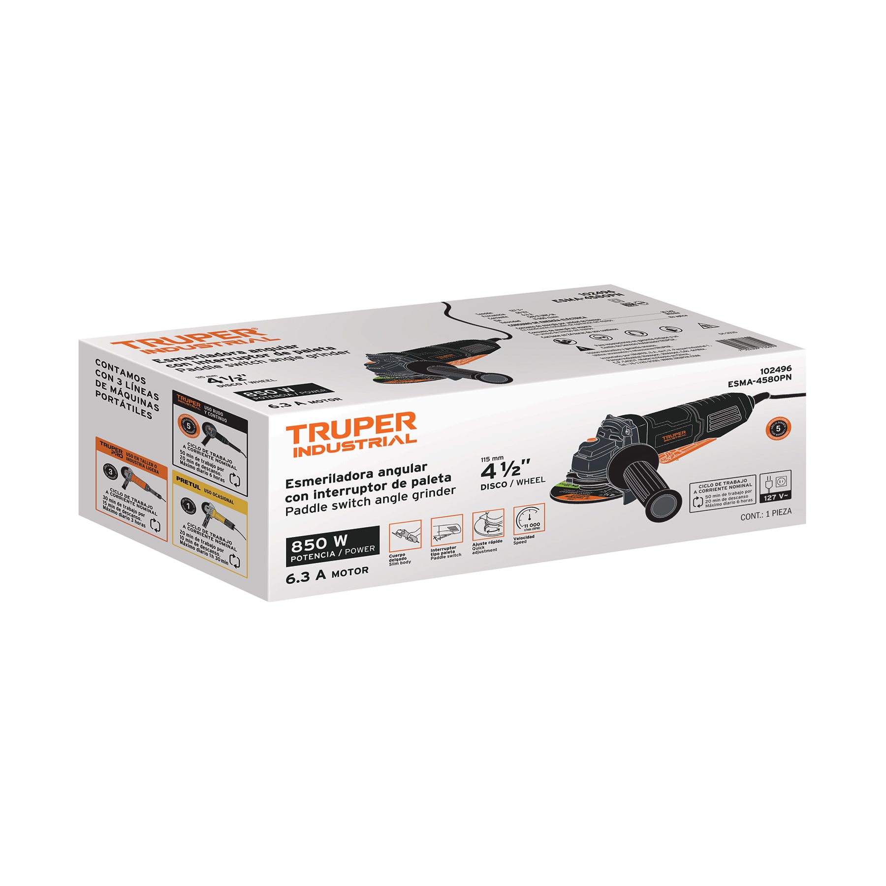 Esmeriladora 4-1/2", 850 W, int. paleta, TRUPER INDUSTRIAL