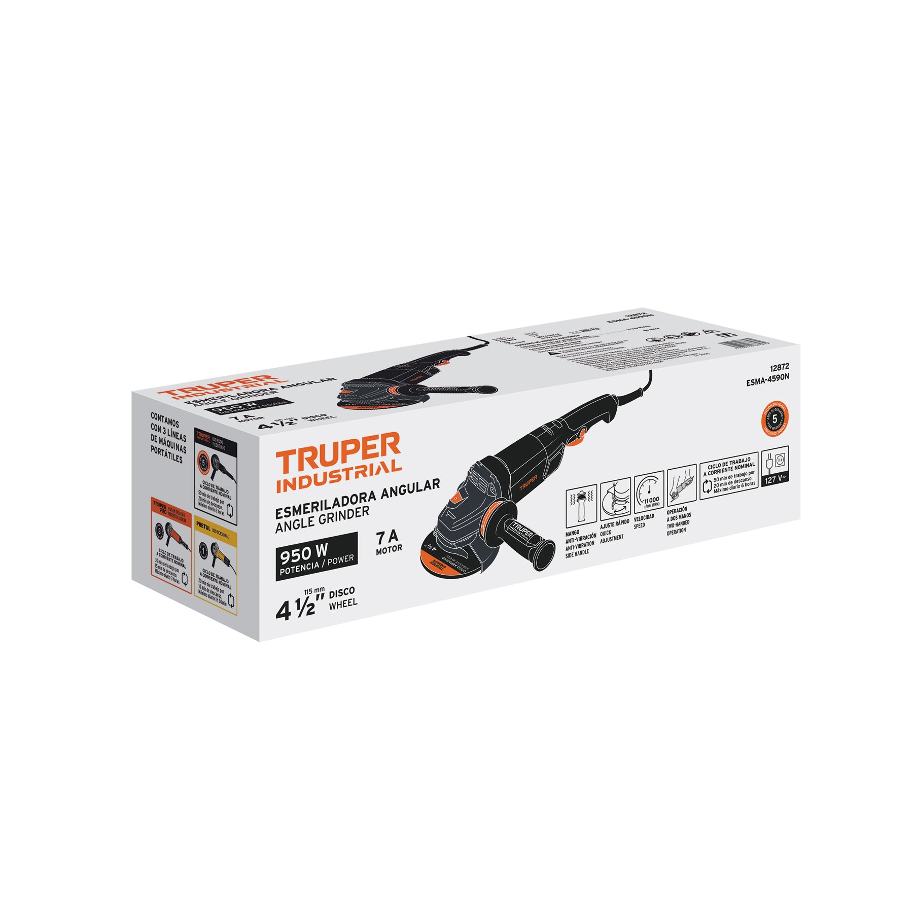 Esmeriladora angular 4-1/2", 950W, TRUPER INDUSTRIAL