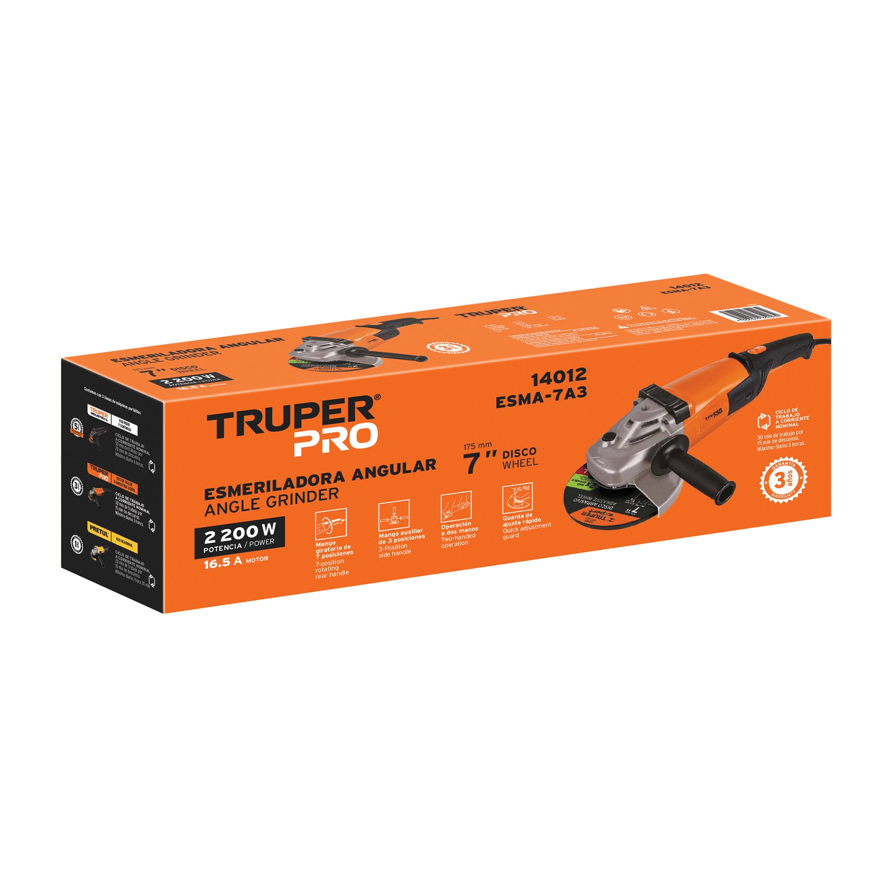 Esmeriladora angular 7", 2200W, TRUPER PRO