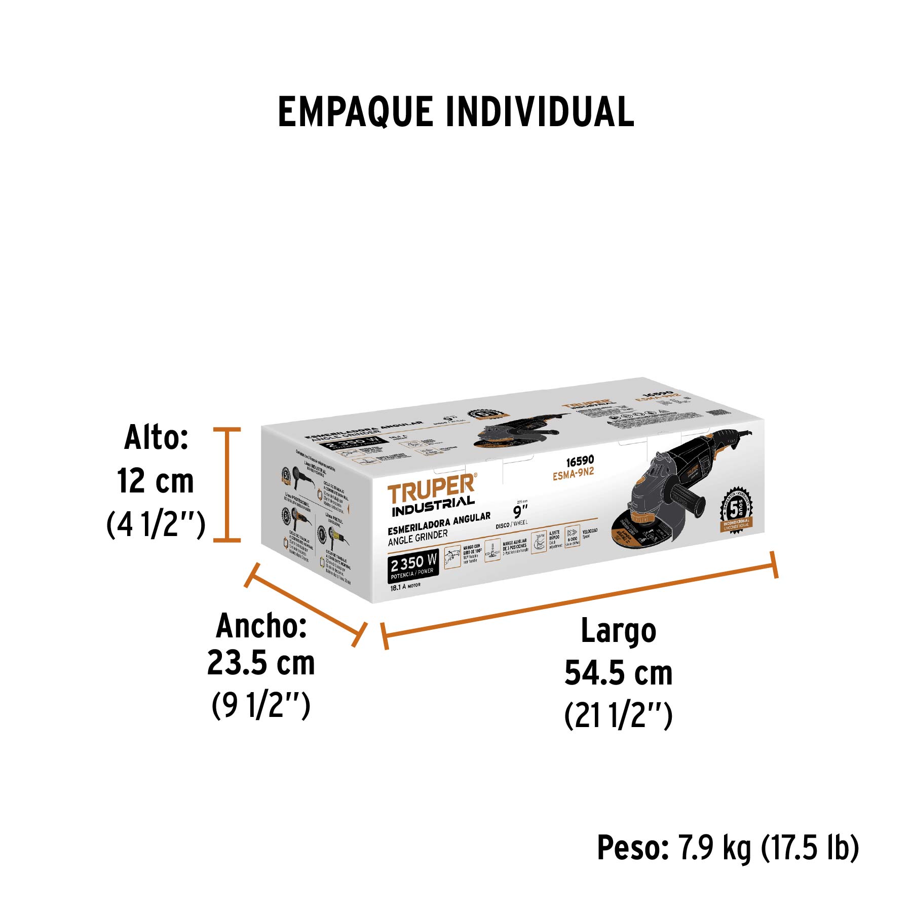 Esmeriladora angular 9", 2350W, TRUPER INDUSTRIAL - Empaque