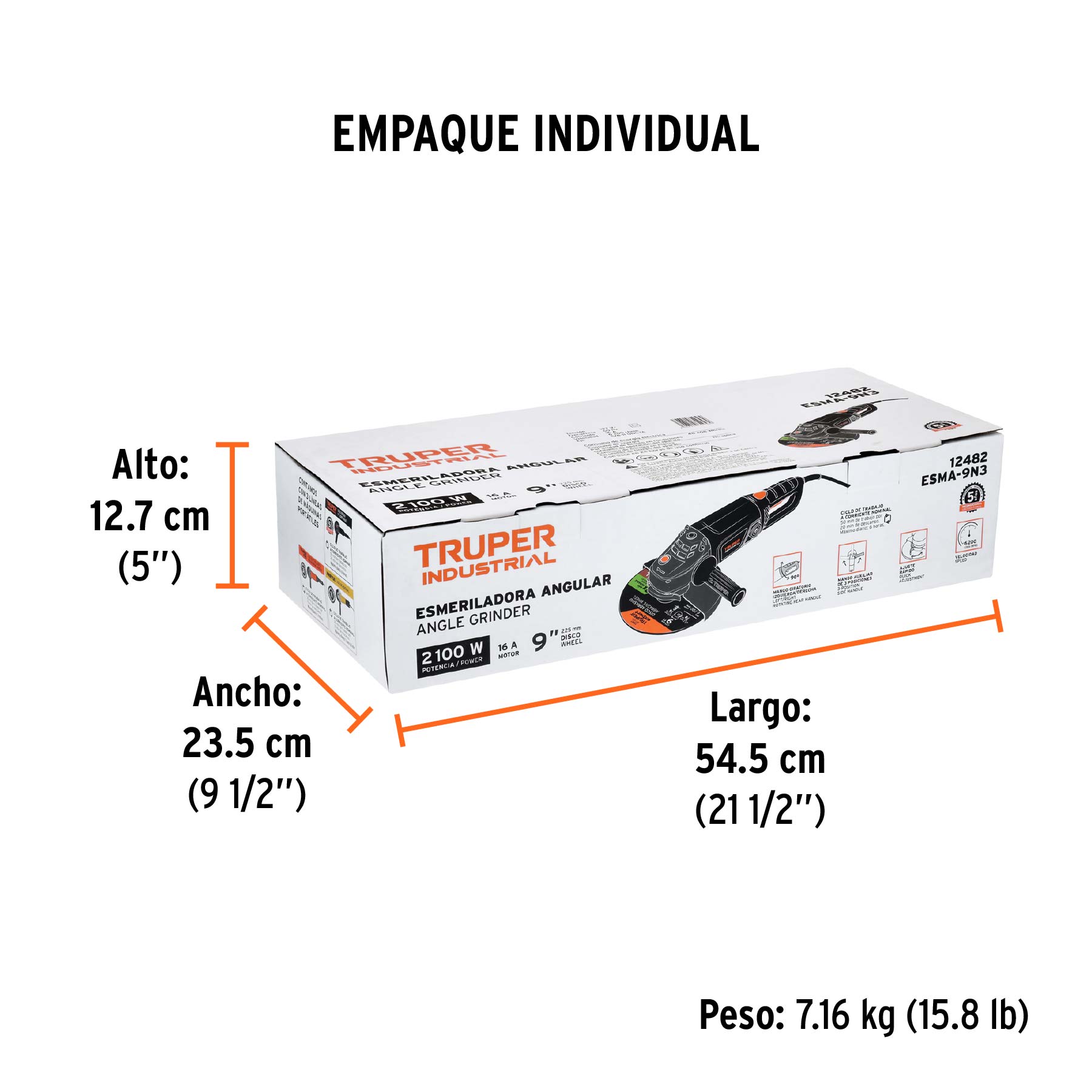 Esmeriladora angular 9", 2100W, TRUPER INDUSTRIAL - Empaque