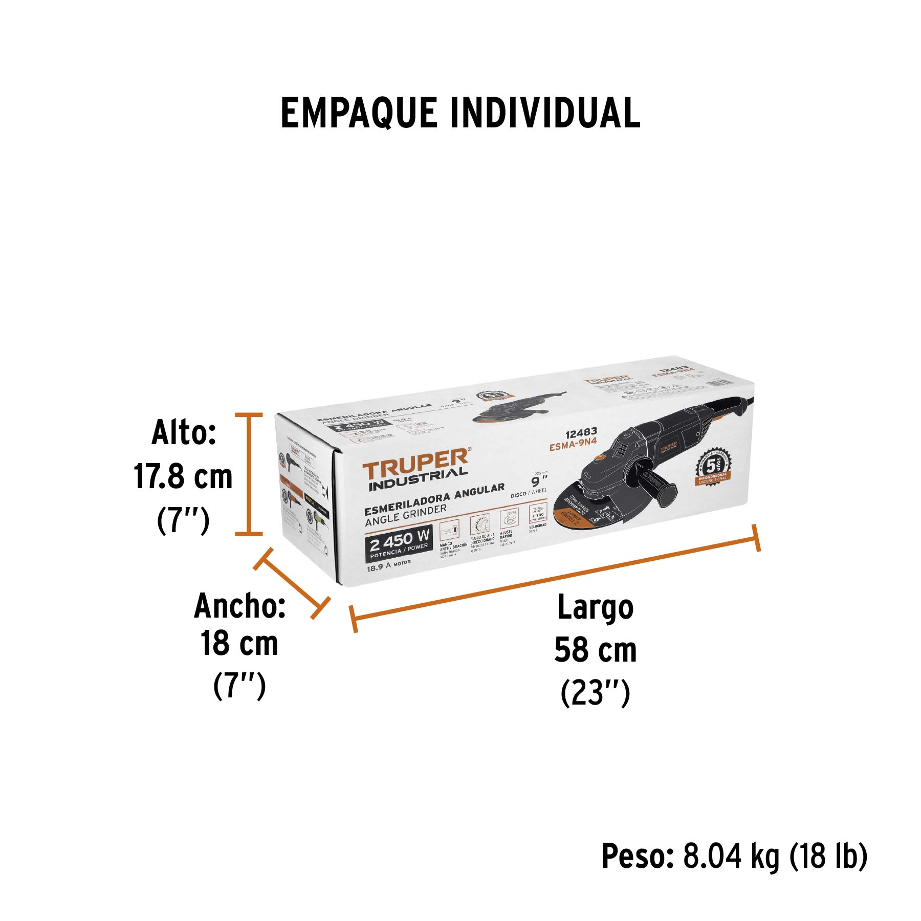 Esmeriladora angular 9", 2450W, TRUPER INDUSTRIAL - Empaque
