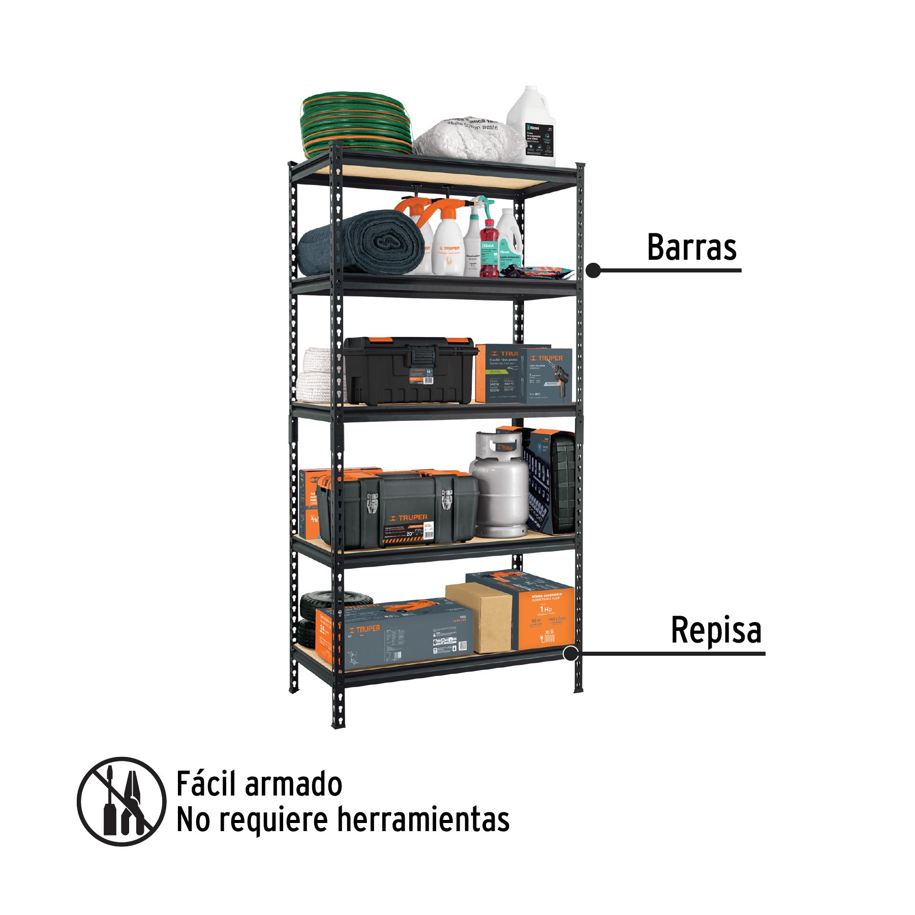 Estante metálico 5 repisas MDP cap. 60 Kg,180x45x90, PRETUL