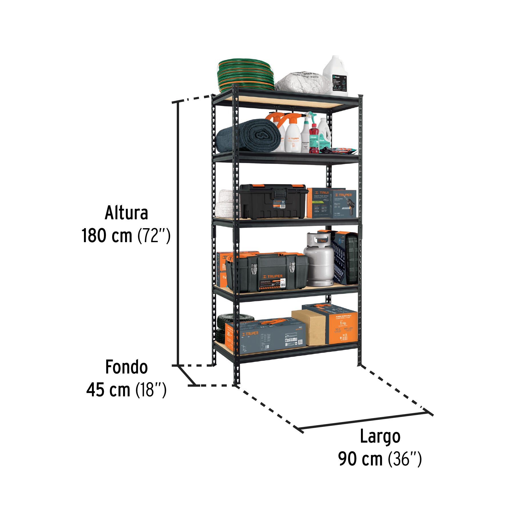Estante metálico 5 repisas MDP cap. 60 Kg,180x45x90, PRETUL