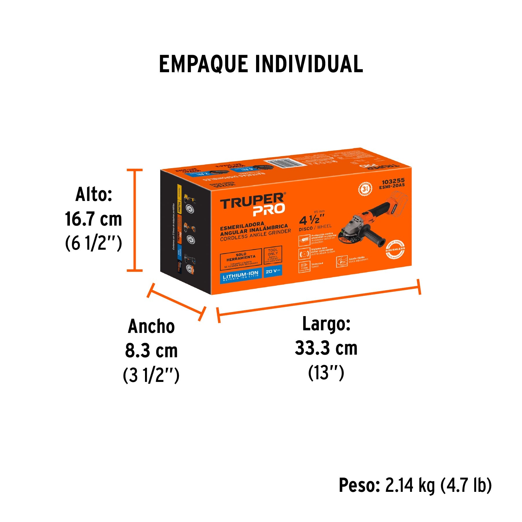 Esmeriladora 4-1/2", 20V, sin accesorios, TRUPER PRO - Empaque