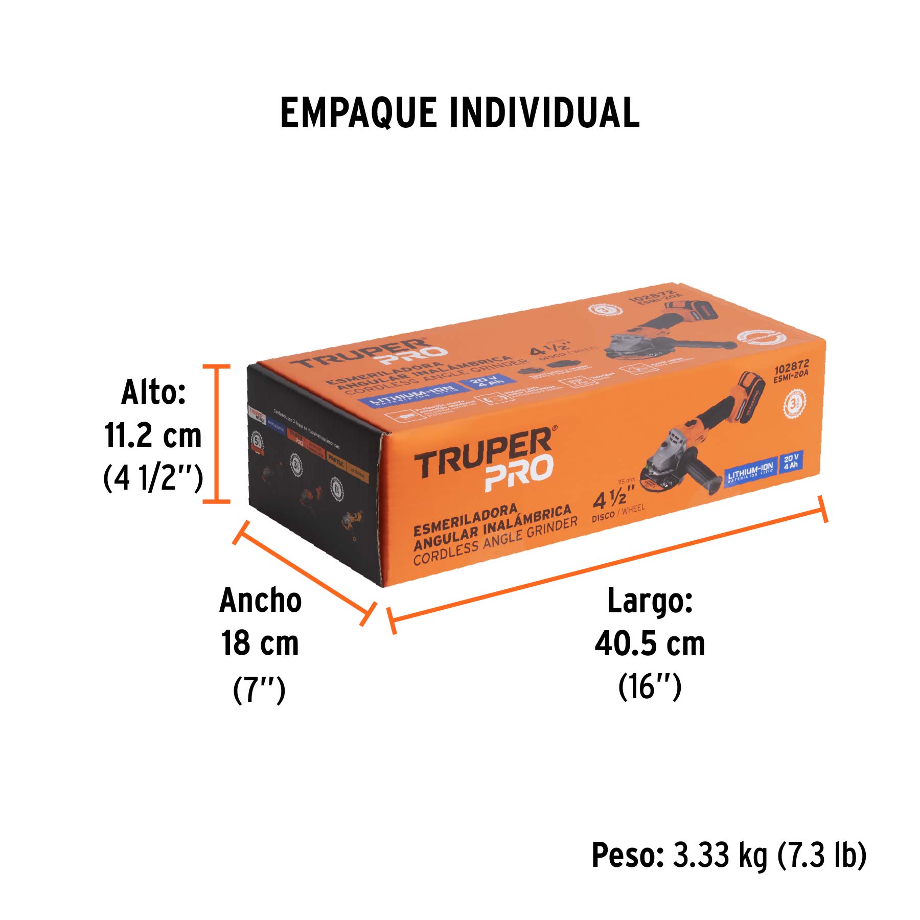 Esmeriladora 4-1/2", 20V, 1 batería 4Ah, TRUPER PRO - Empaque