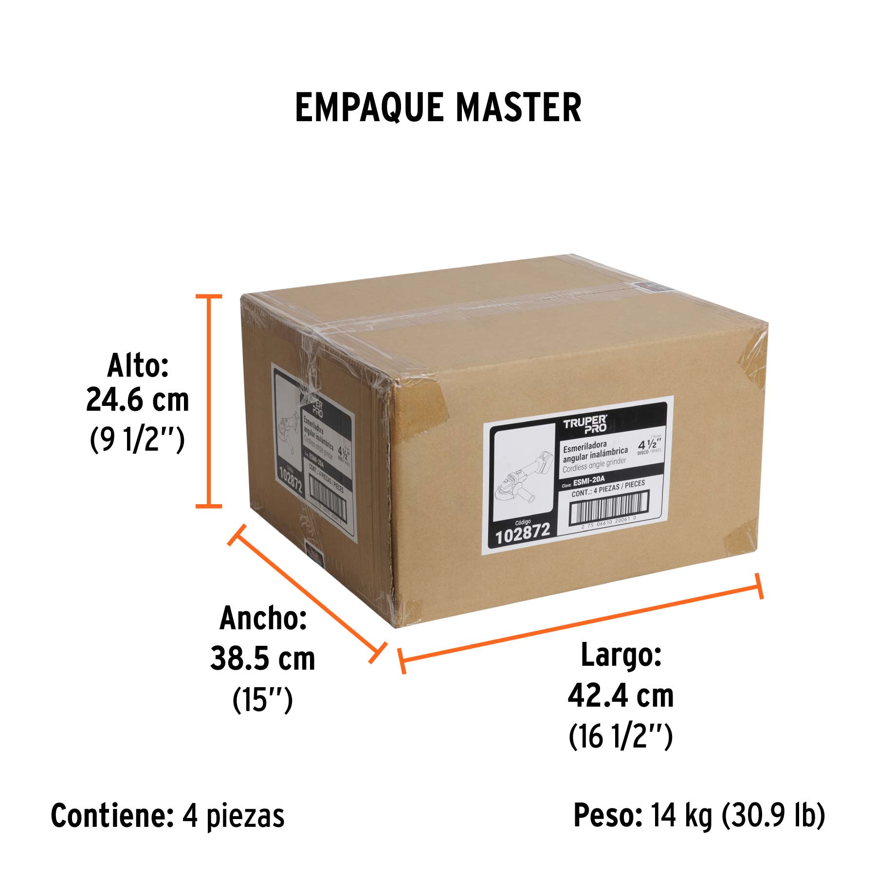 Esmeriladora 4-1/2", 20V, 1 batería 4Ah, TRUPER PRO - Empaque