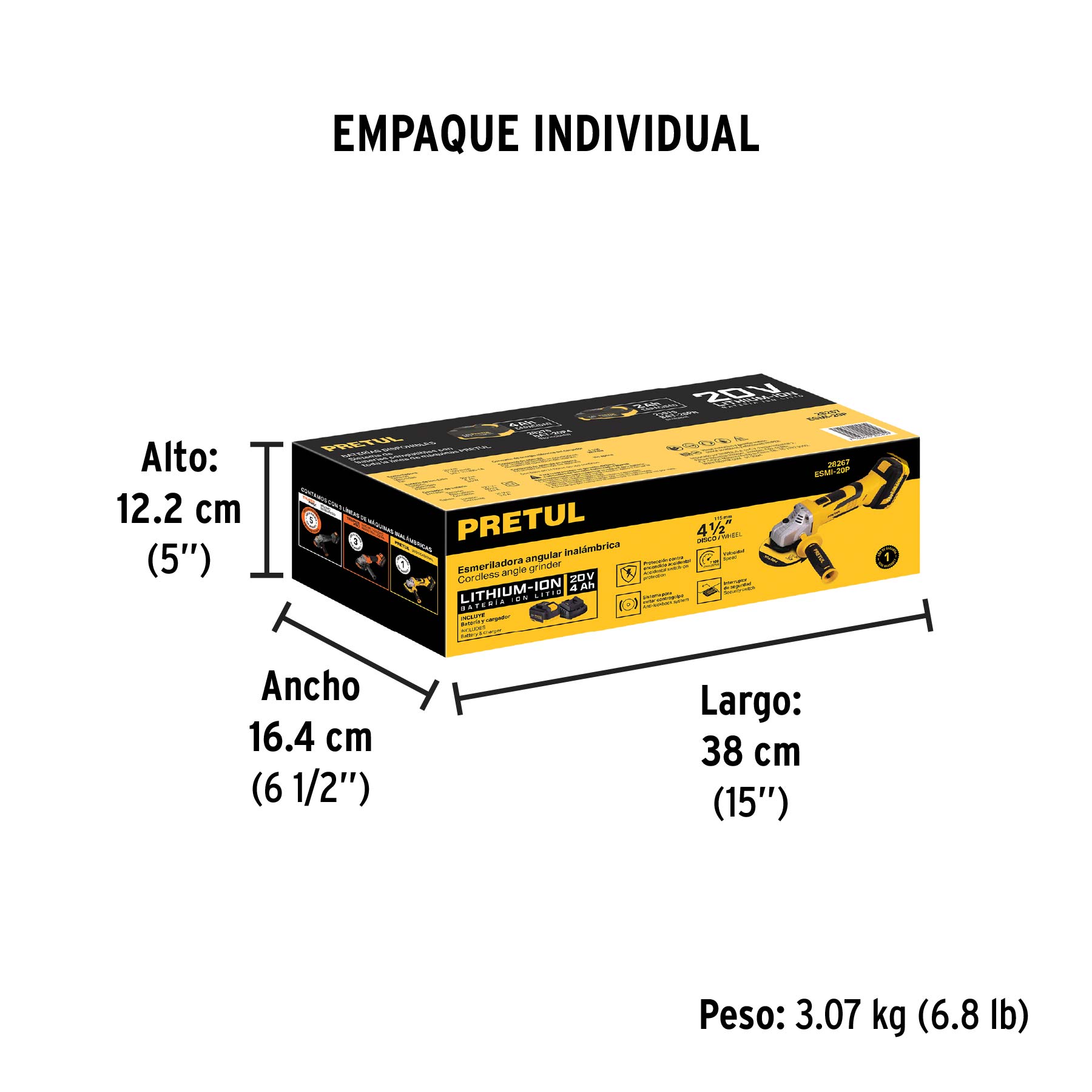 Esmeriladora 4-1/2", 20V, 1 batería 4Ah, PRETUL - Empaque