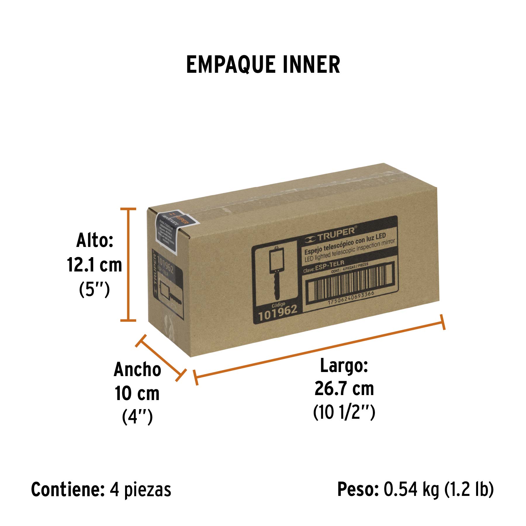 Espejo telescópico con luz LED, 5 x 8 cm, TRUPER - Empaque