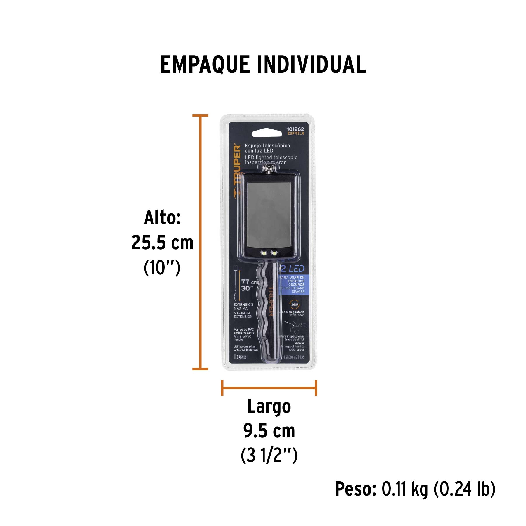 Espejo telescópico con luz LED, 5 x 8 cm, TRUPER - Empaque