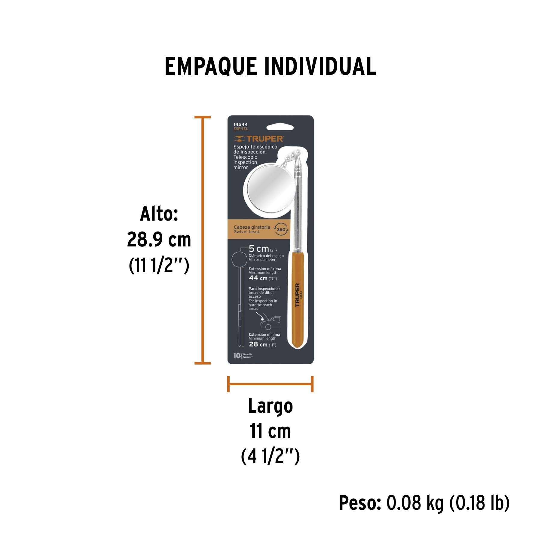 Espejo circular telescópico de inspección, 5 cm, TRUPER - Empaque