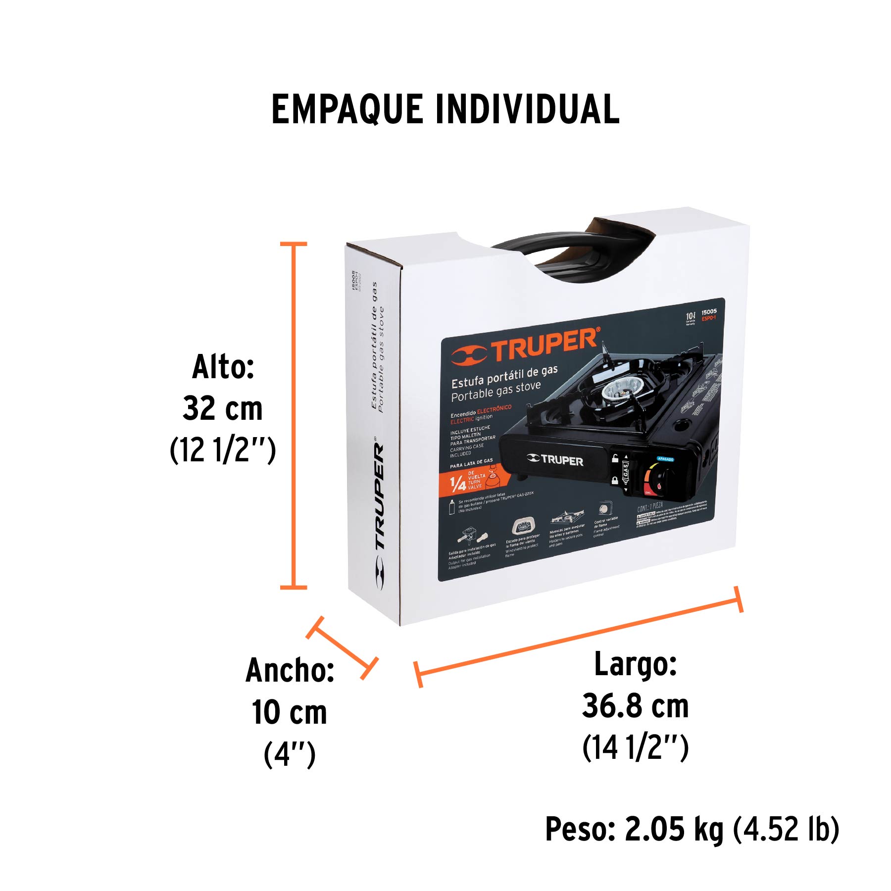 Estufilla portátil para gas, encendido electrónico, TRUPER - Empaque