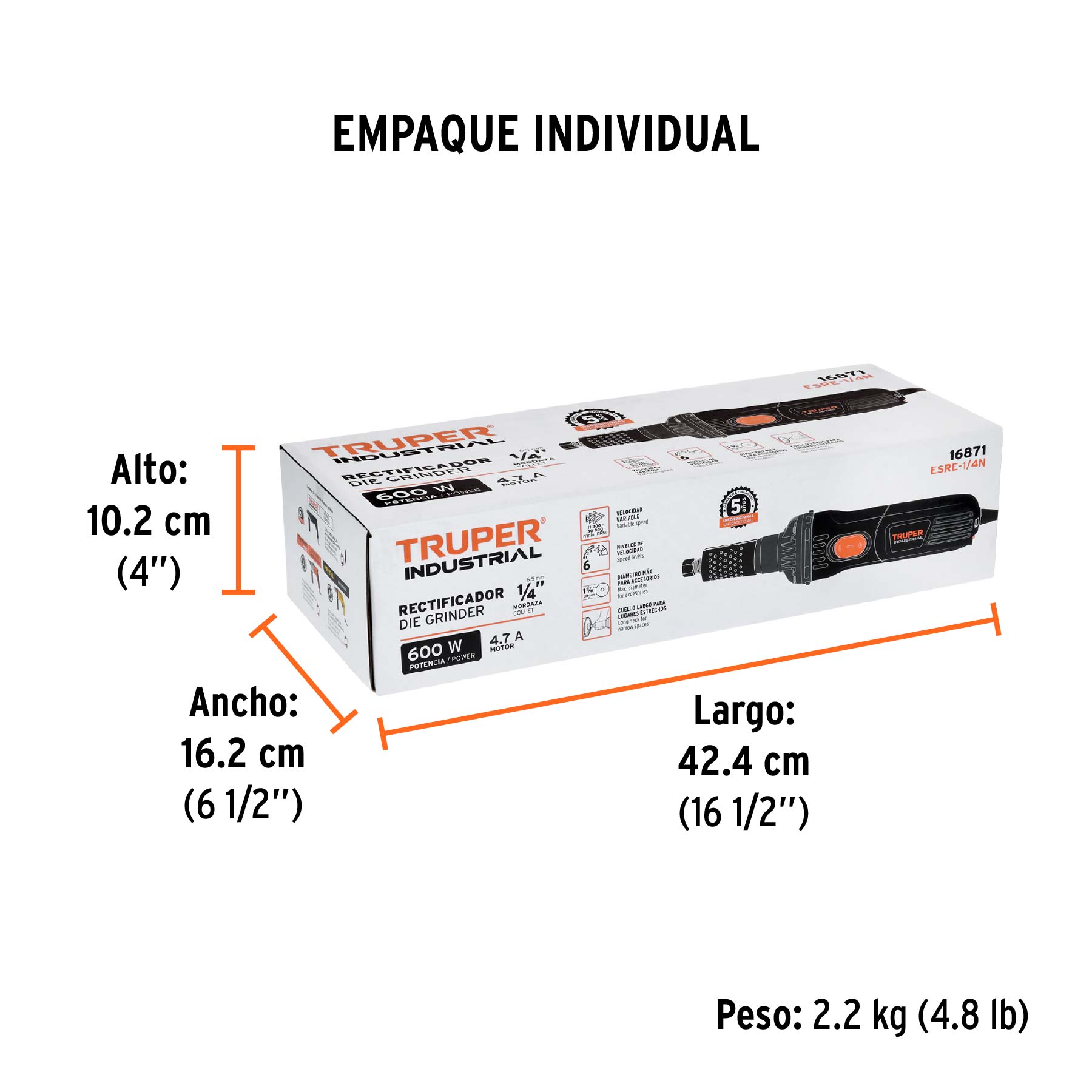 Esmeril recto (rectificador) 1/4" 600W, TRUPER INDUSTRIAL - Empaque