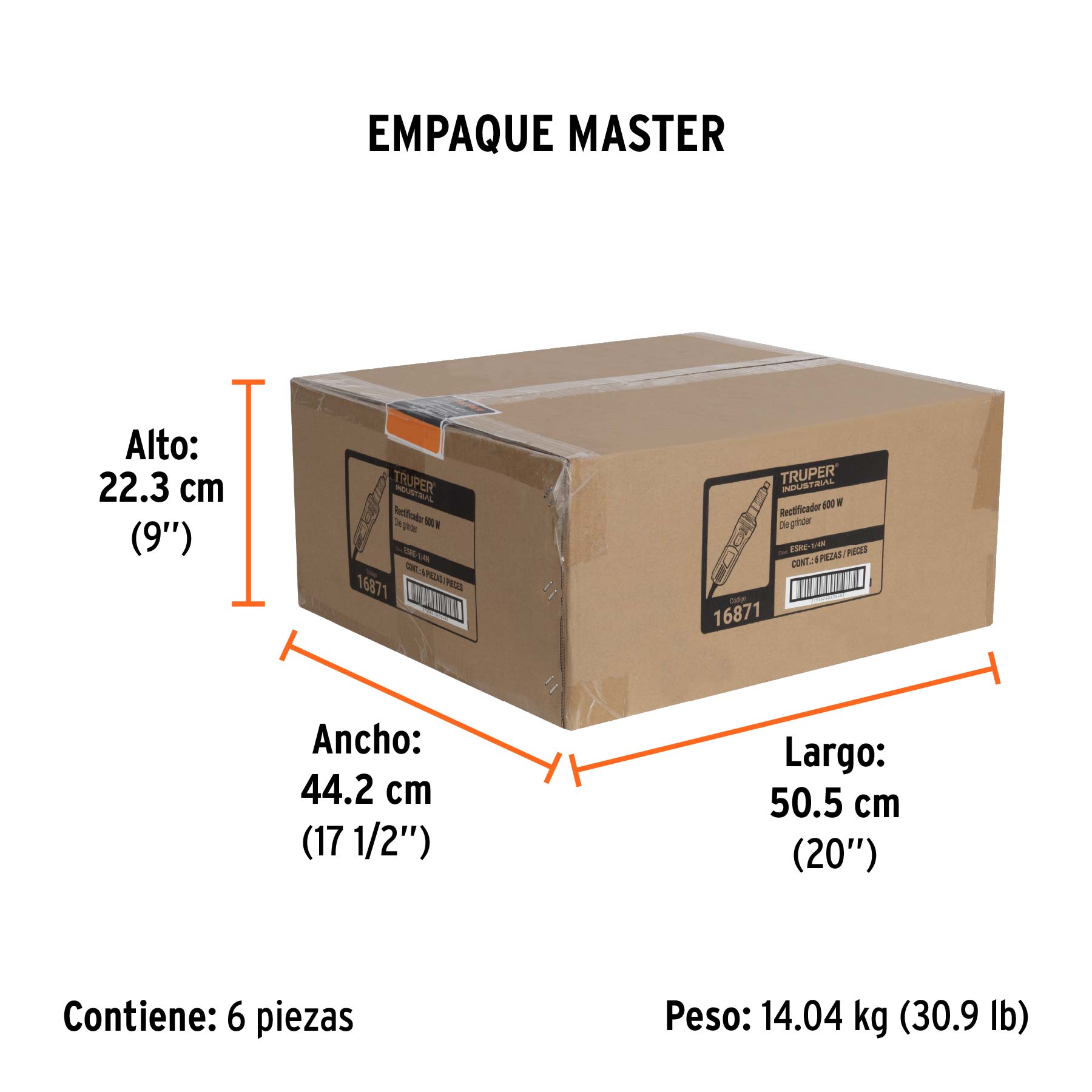 Esmeril recto (rectificador) 1/4" 600W, TRUPER INDUSTRIAL - Empaque