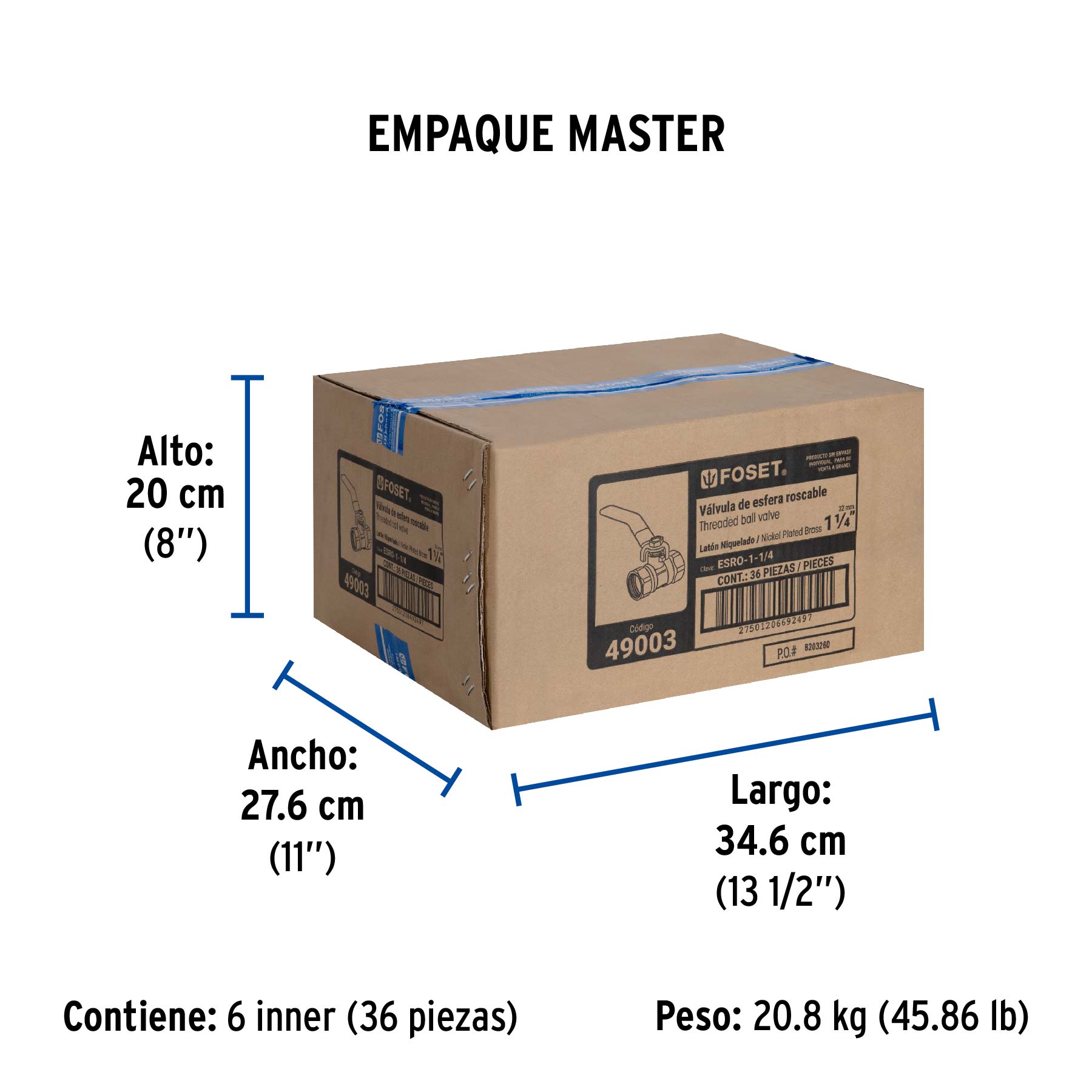 Válvula de esfera de latón, roscable 1-1/4", FOSET - Empaque