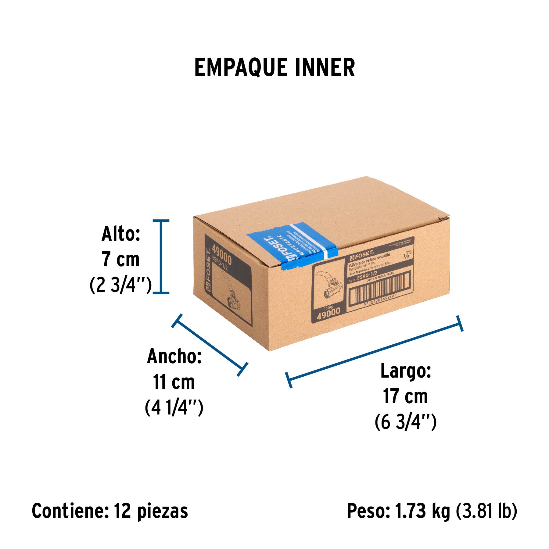 Válvula de esfera de latón, roscable 1/2", FOSET - Empaque