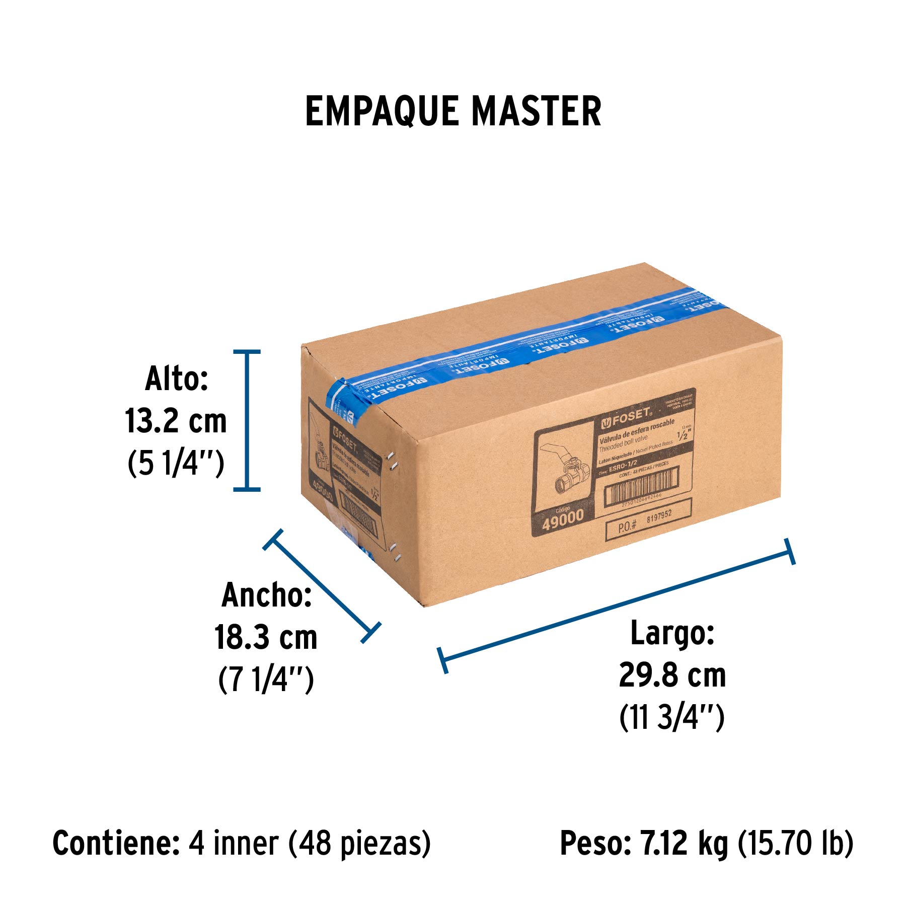 Válvula de esfera de latón, roscable 1/2", FOSET - Empaque