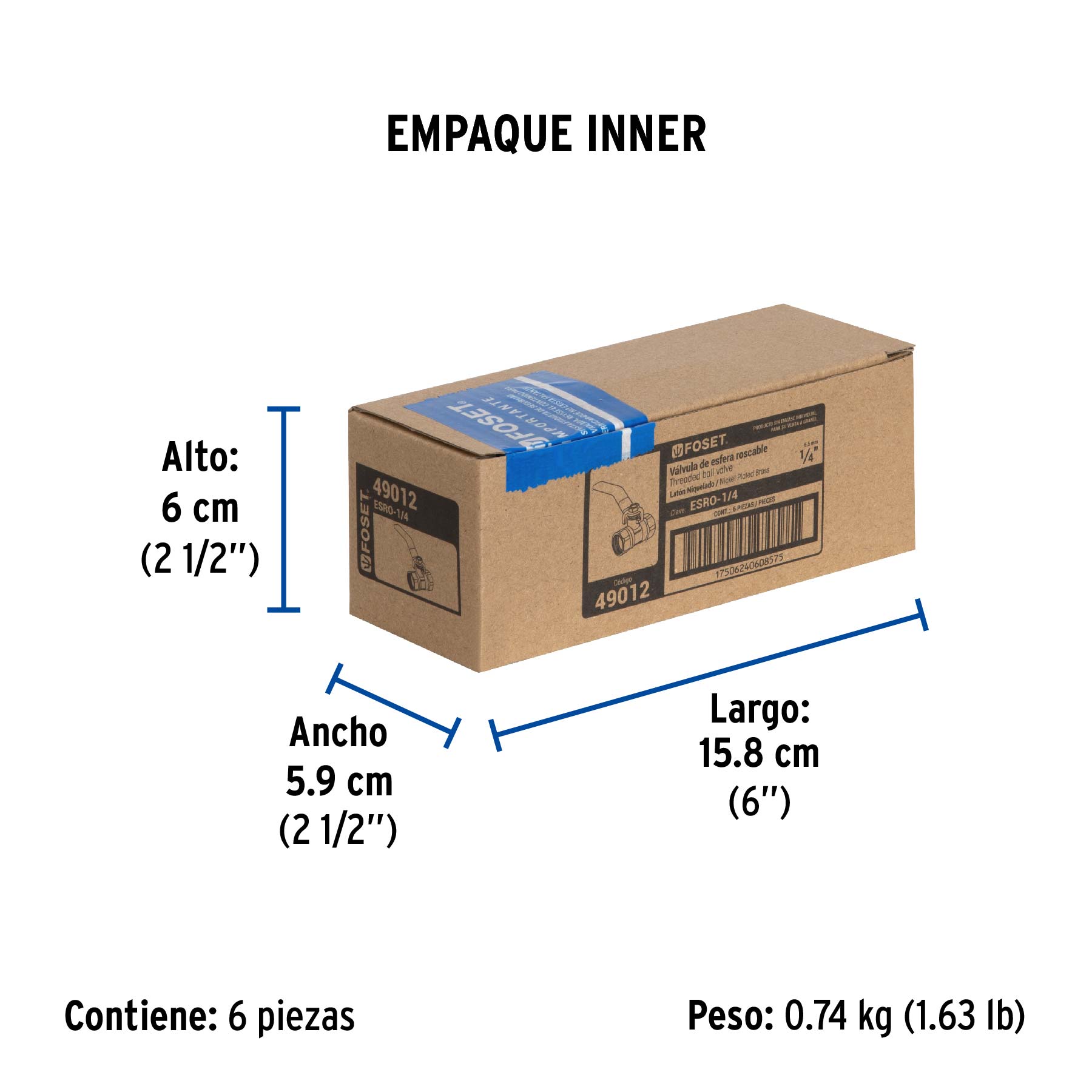 Válvula de esfera de latón, roscable 1/4", FOSET - Empaque